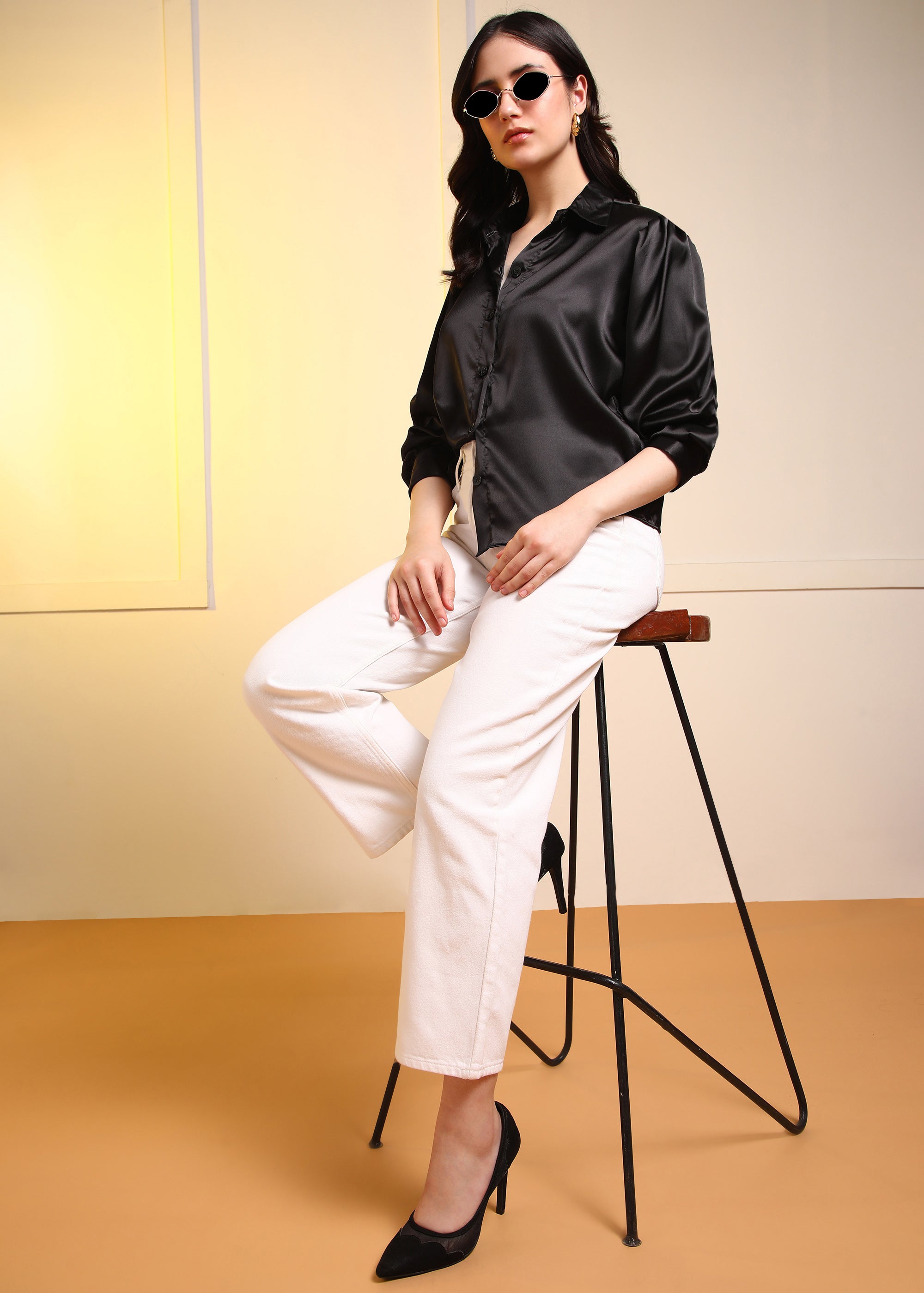 Women Black Satin Long Sleeve Button-Down Shirt Top