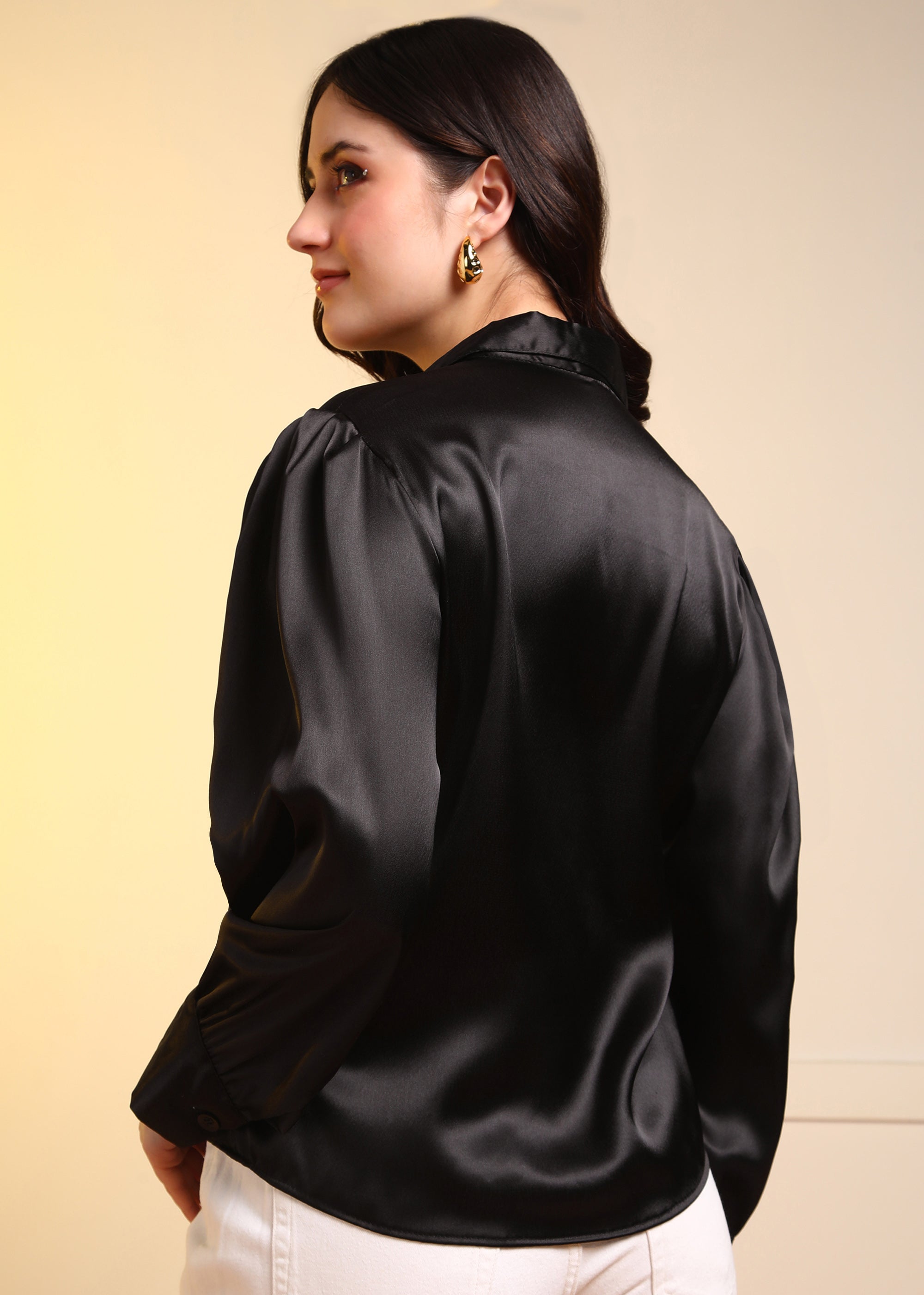 Women Black Satin Long Sleeve Button-Down Shirt Top