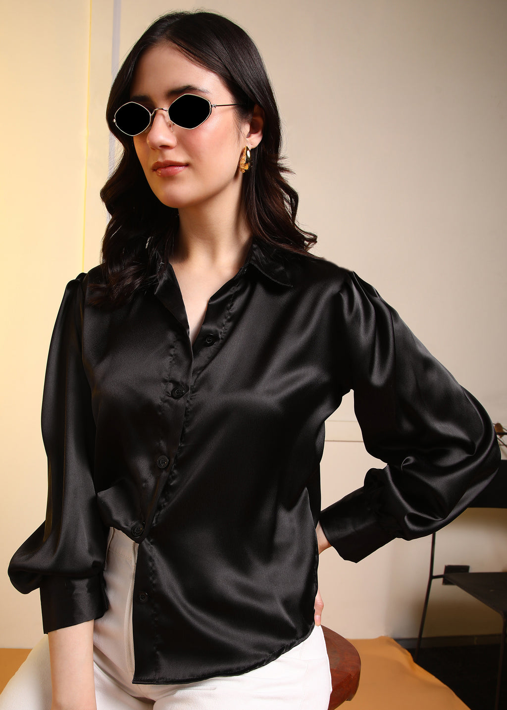 Women Black Satin Long Sleeve Button-Down Shirt Top