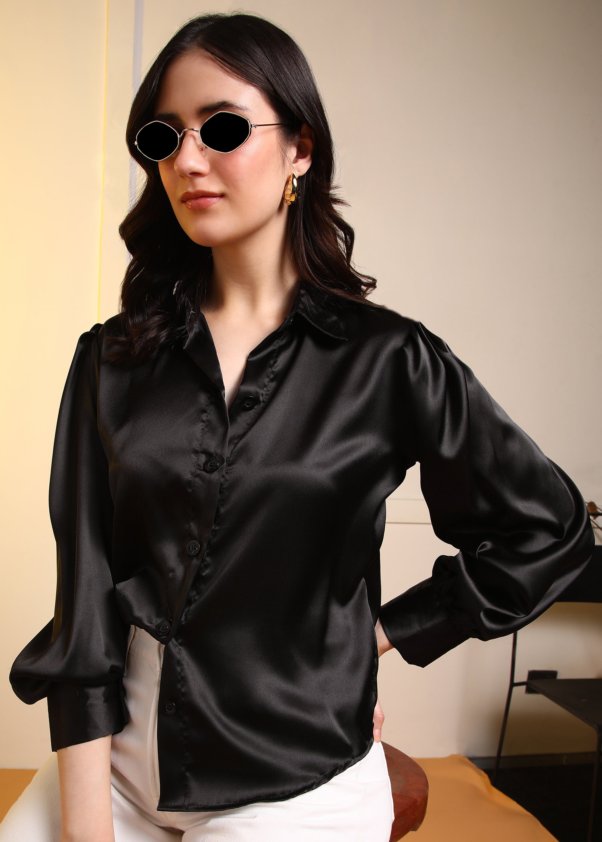 Women Black Satin Long Sleeve Button-Down Shirt Top