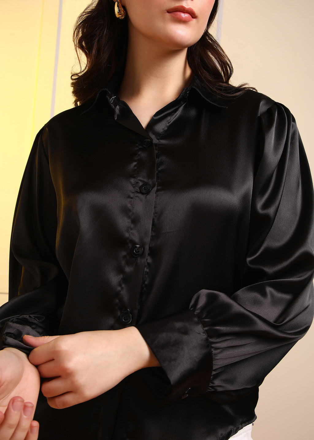 Women Black Satin Long Sleeve Button-Down Shirt Top
