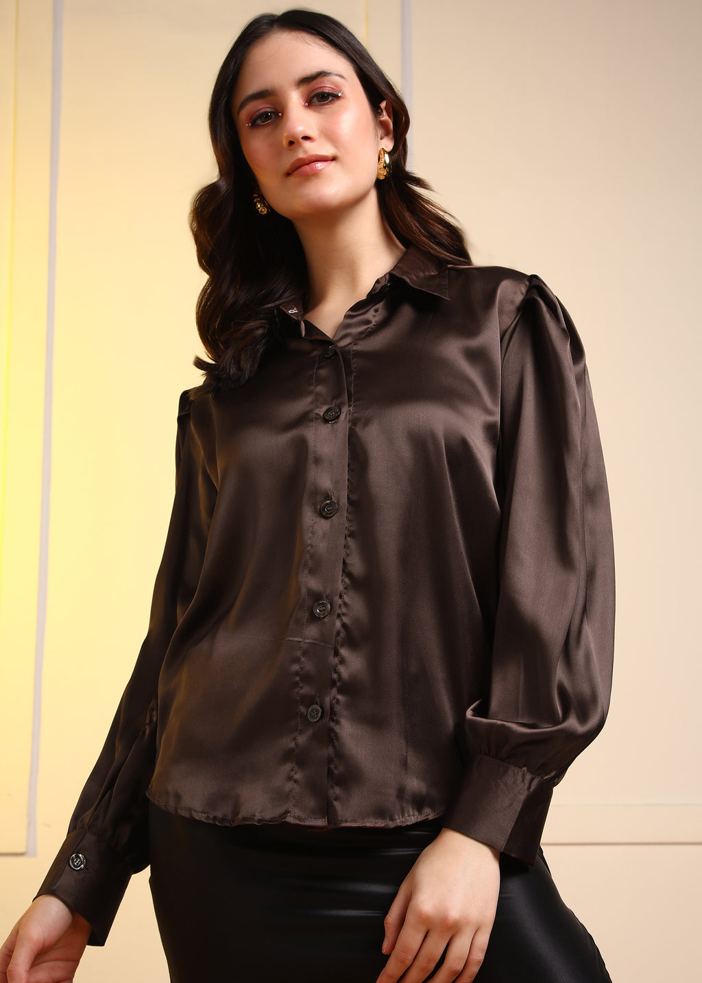 Women Brown Satin Long Sleeve Button-Down Shirt Top