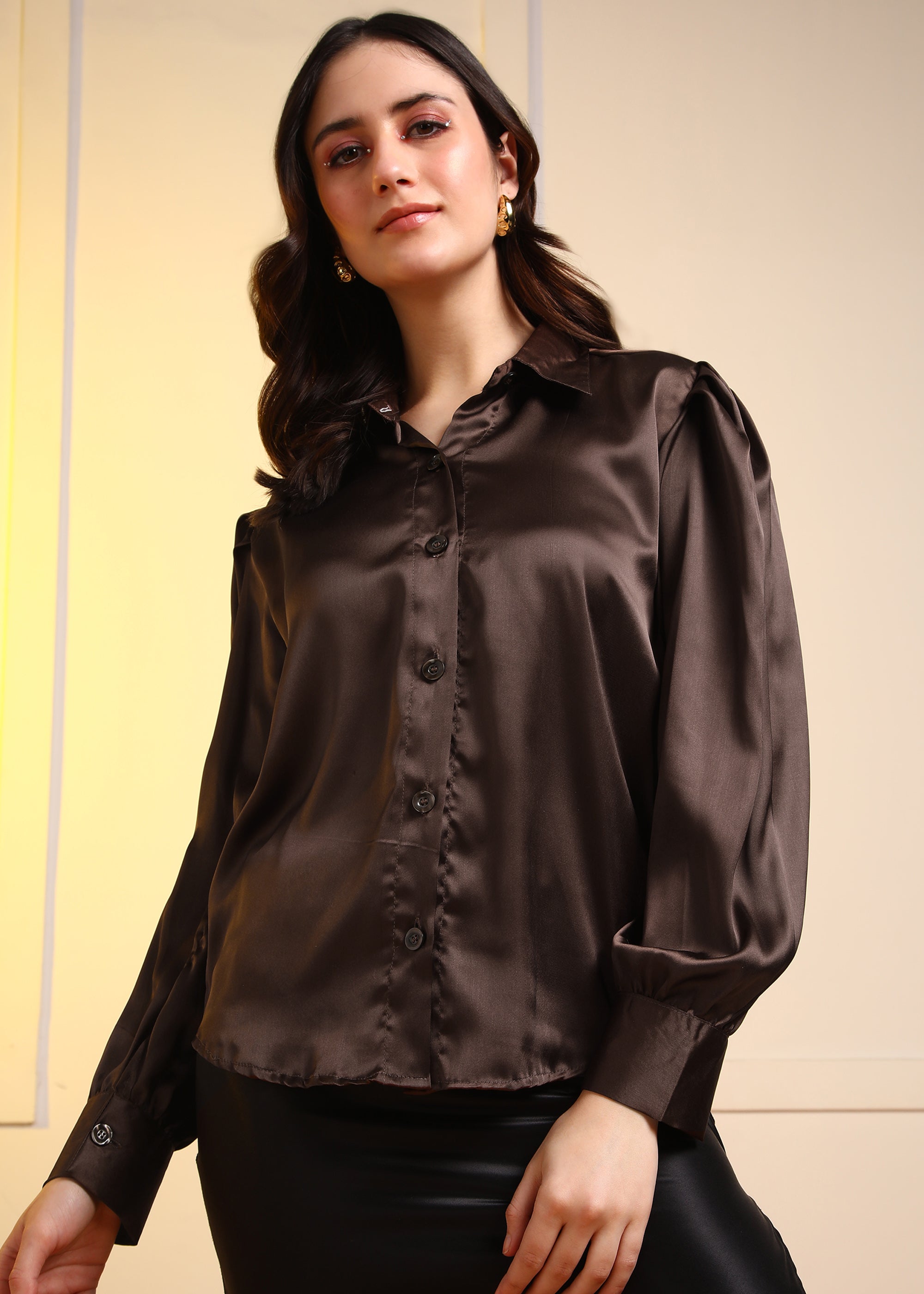 Women Brown Satin Long Sleeve Button-Down Shirt Top