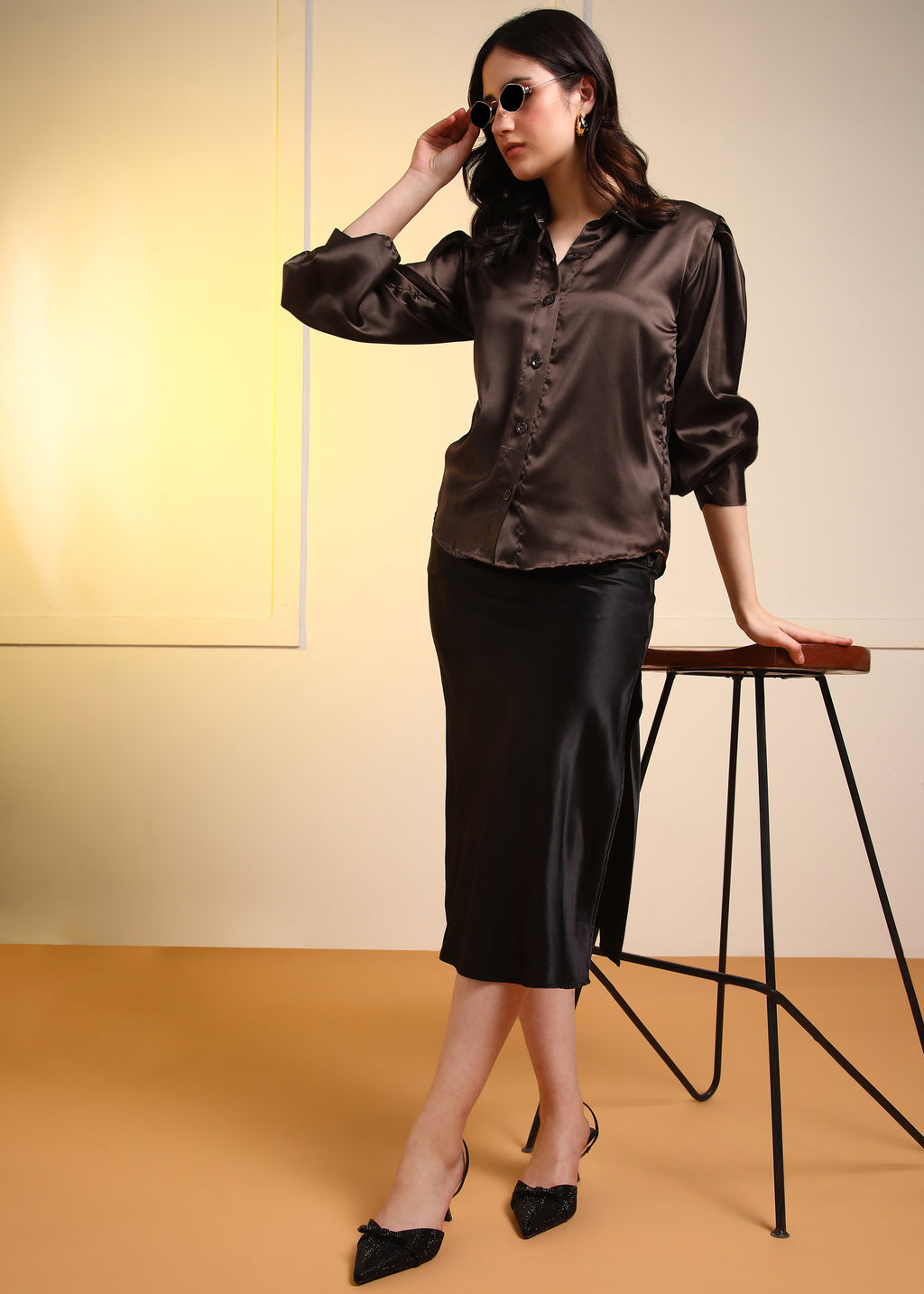 Women Brown Satin Long Sleeve Button-Down Shirt Top
