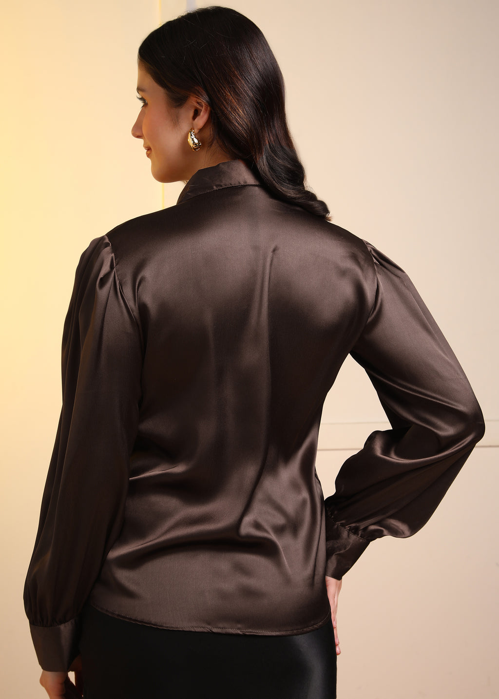 Women Brown Satin Long Sleeve Button-Down Shirt Top