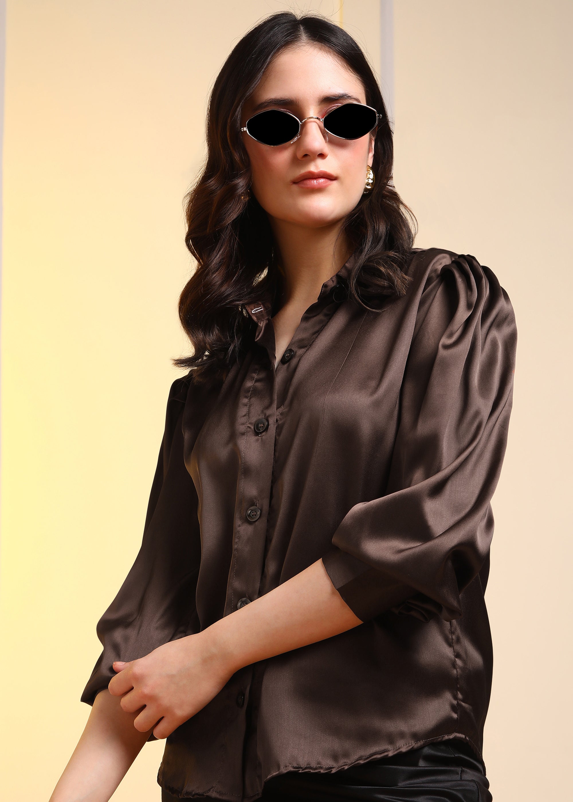 Women Brown Satin Long Sleeve Button-Down Shirt Top