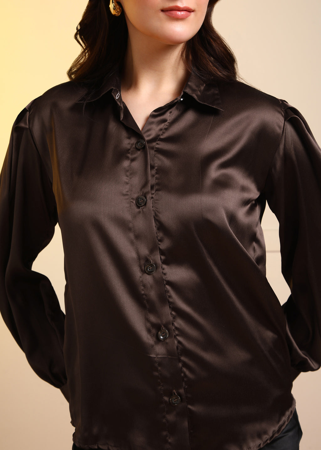 Women Brown Satin Long Sleeve Button-Down Shirt Top