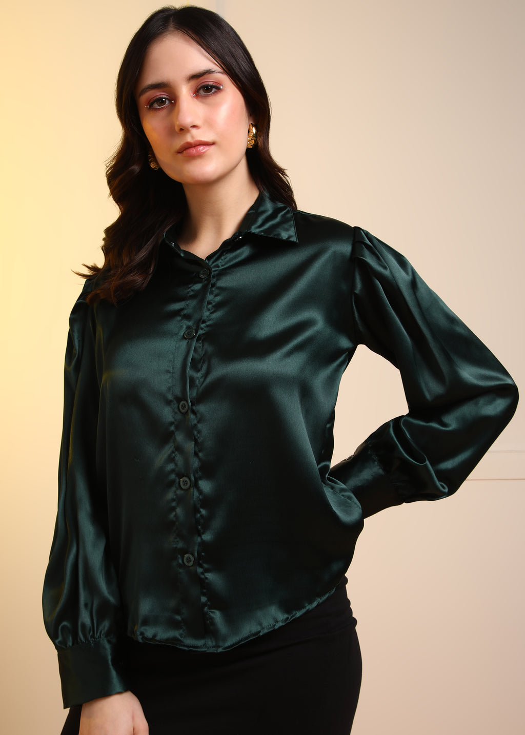 Women Dark Green Satin Long Sleeve Button-Down Shirt Top