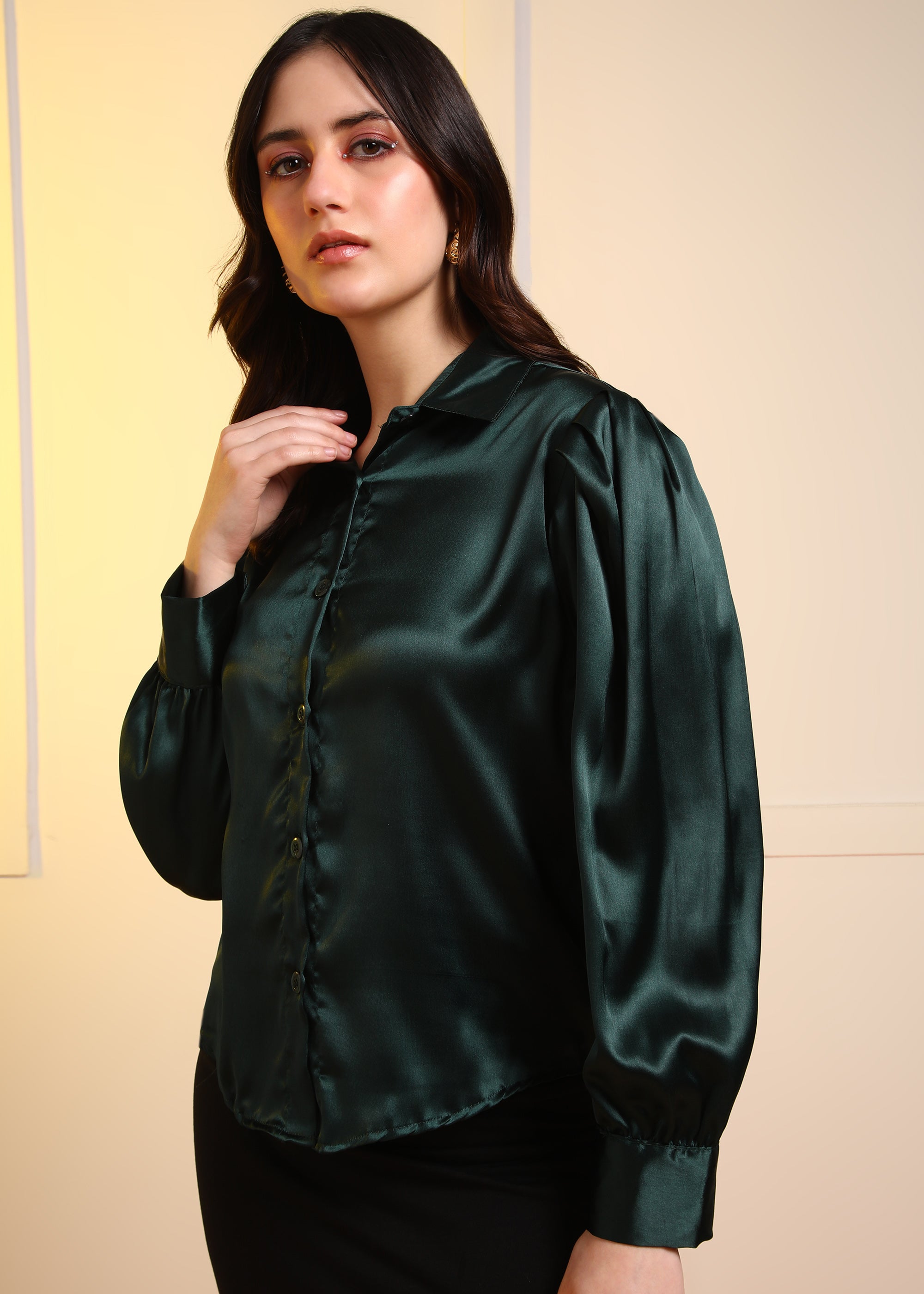 Women Dark Green Satin Long Sleeve Button-Down Shirt Top