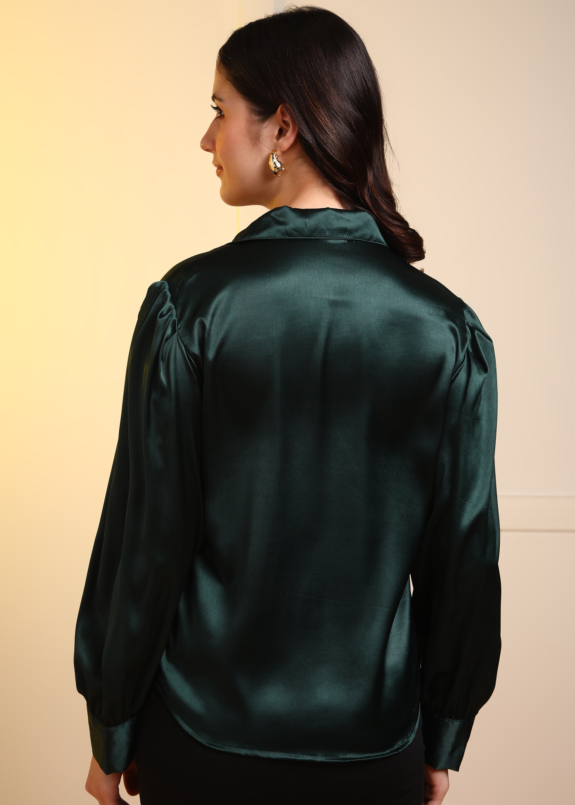 Women Dark Green Satin Long Sleeve Button-Down Shirt Top