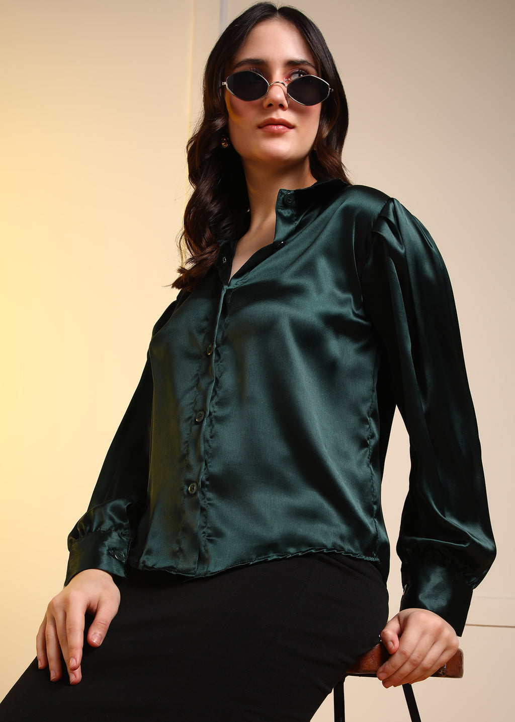 Women Dark Green Satin Long Sleeve Button-Down Shirt Top