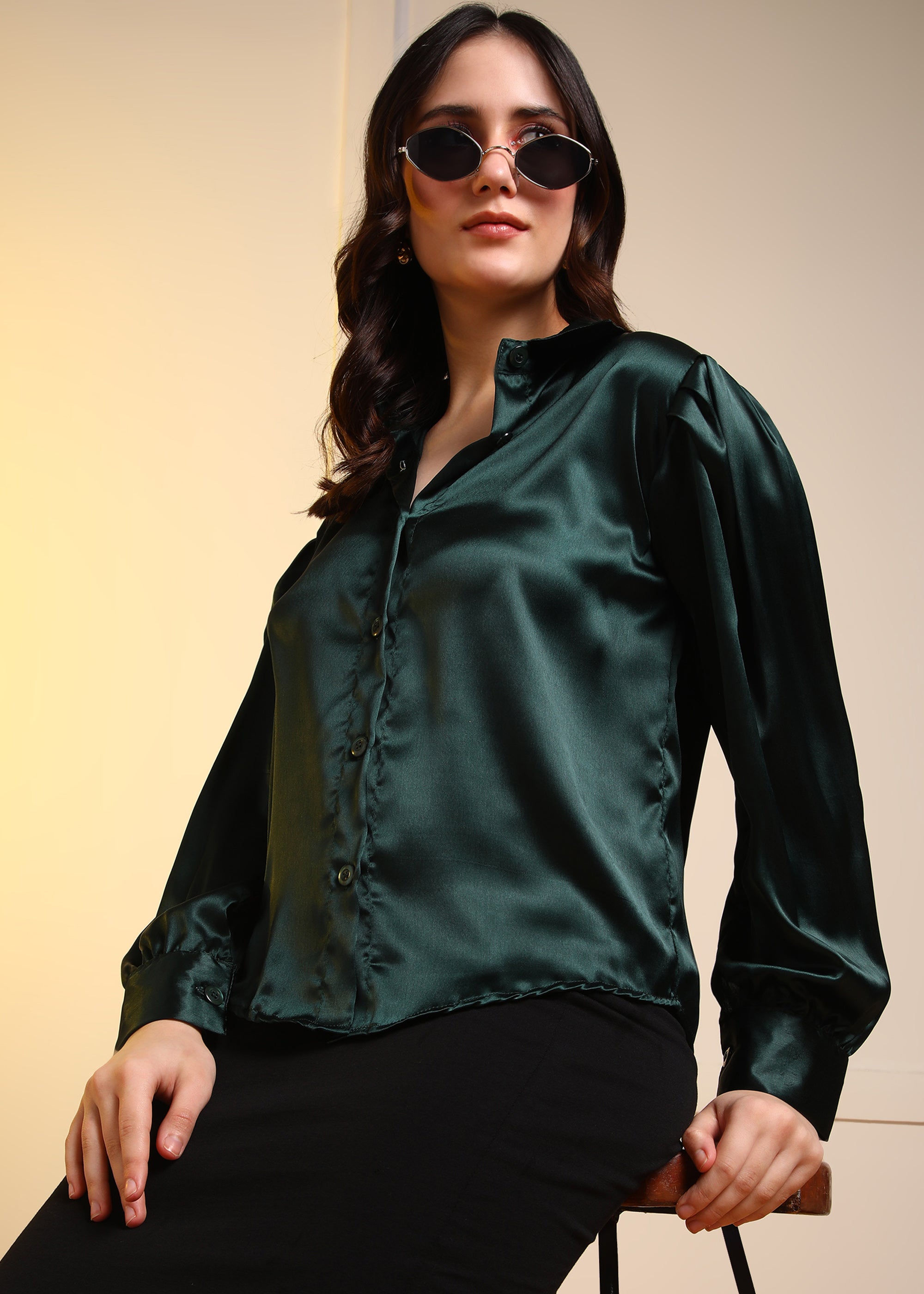 Women Dark Green Satin Long Sleeve Button-Down Shirt Top