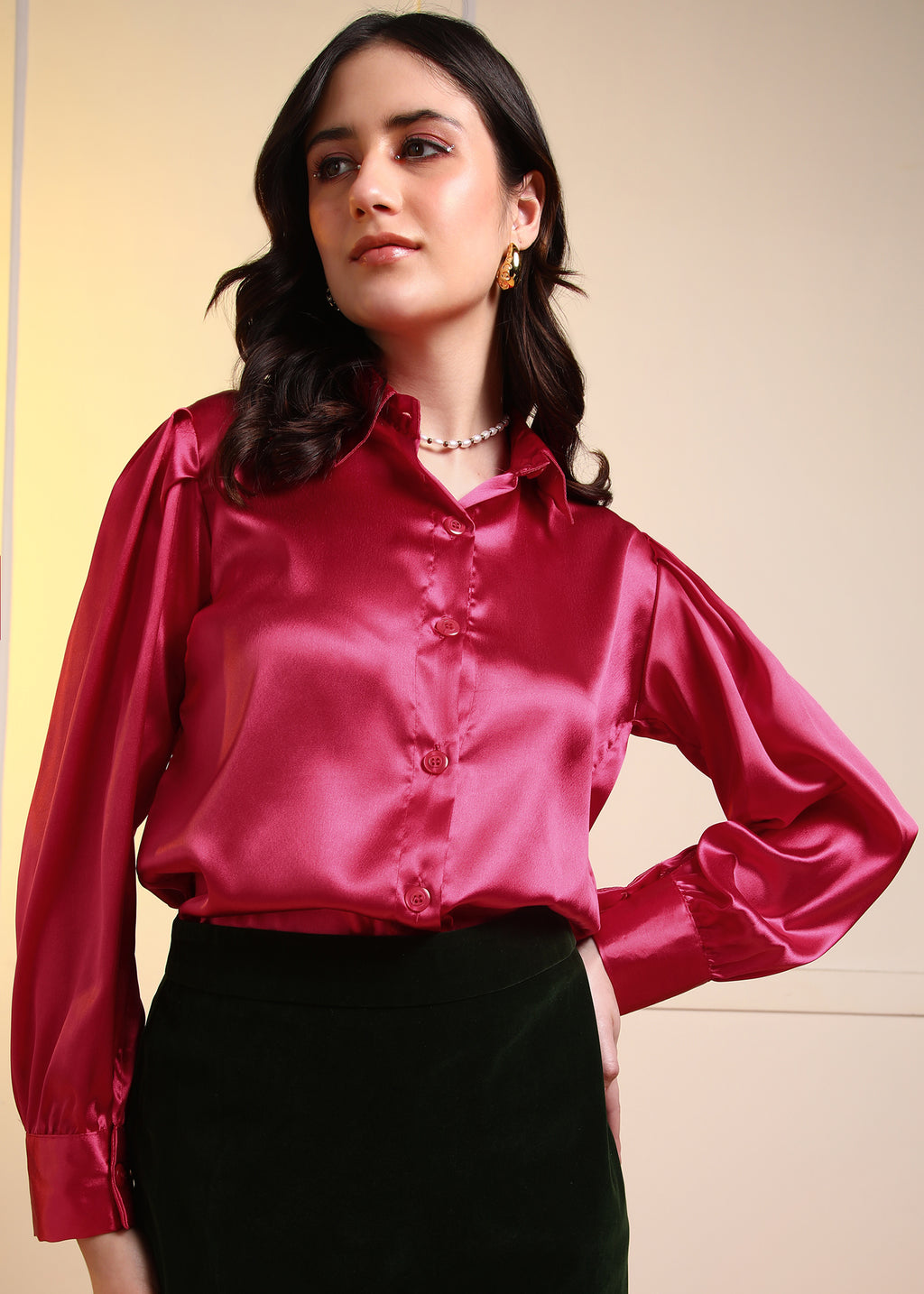 Women Dark Pink Satin Long Sleeve Button-Down Shirt Top