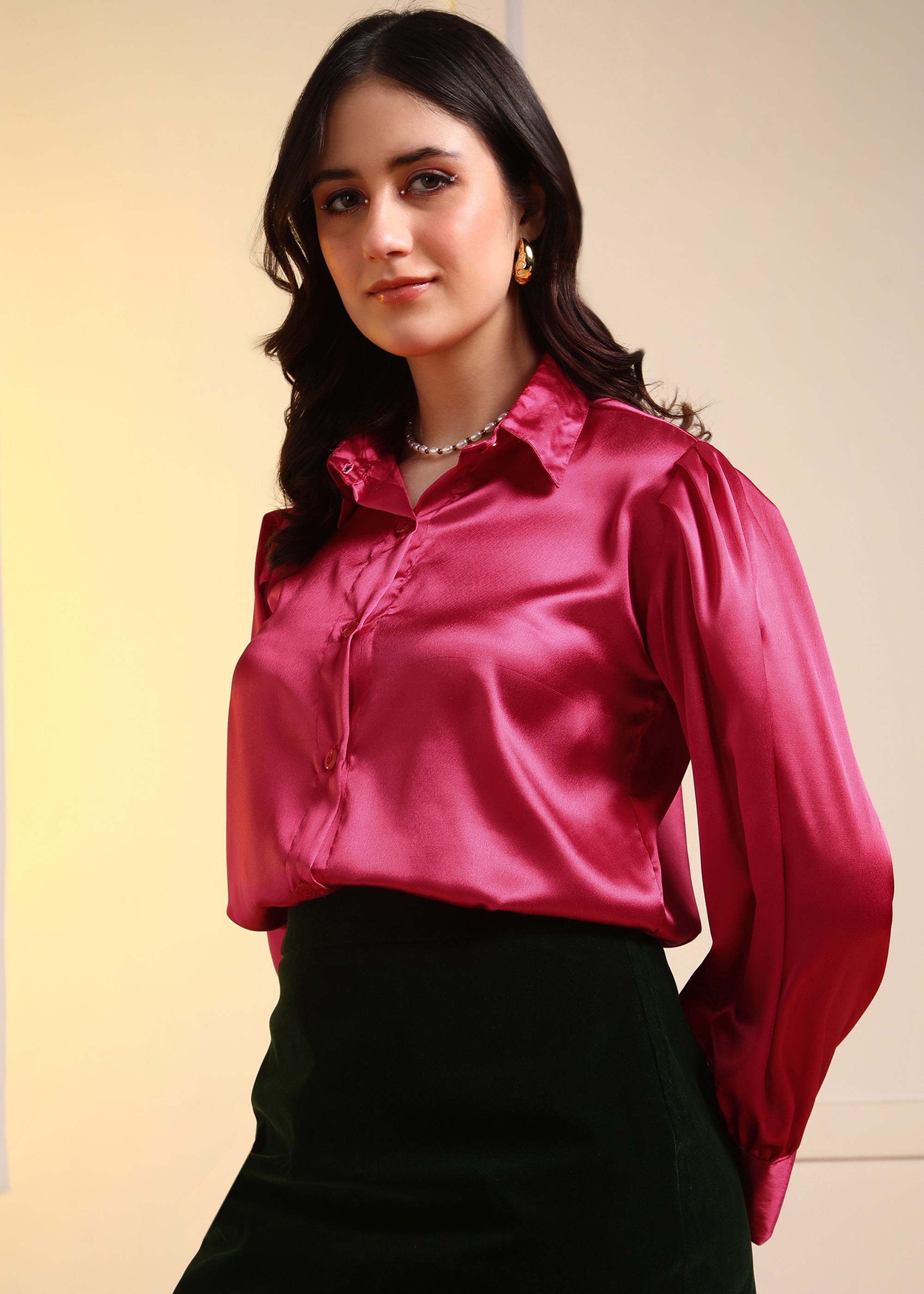 Women Dark Pink Satin Long Sleeve Button-Down Shirt Top