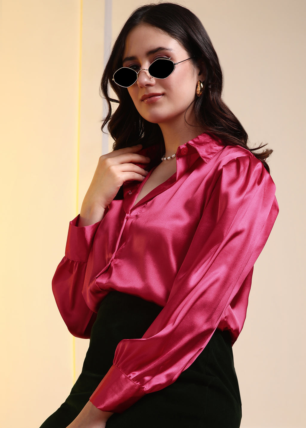 Women Dark Pink Satin Long Sleeve Button-Down Shirt Top