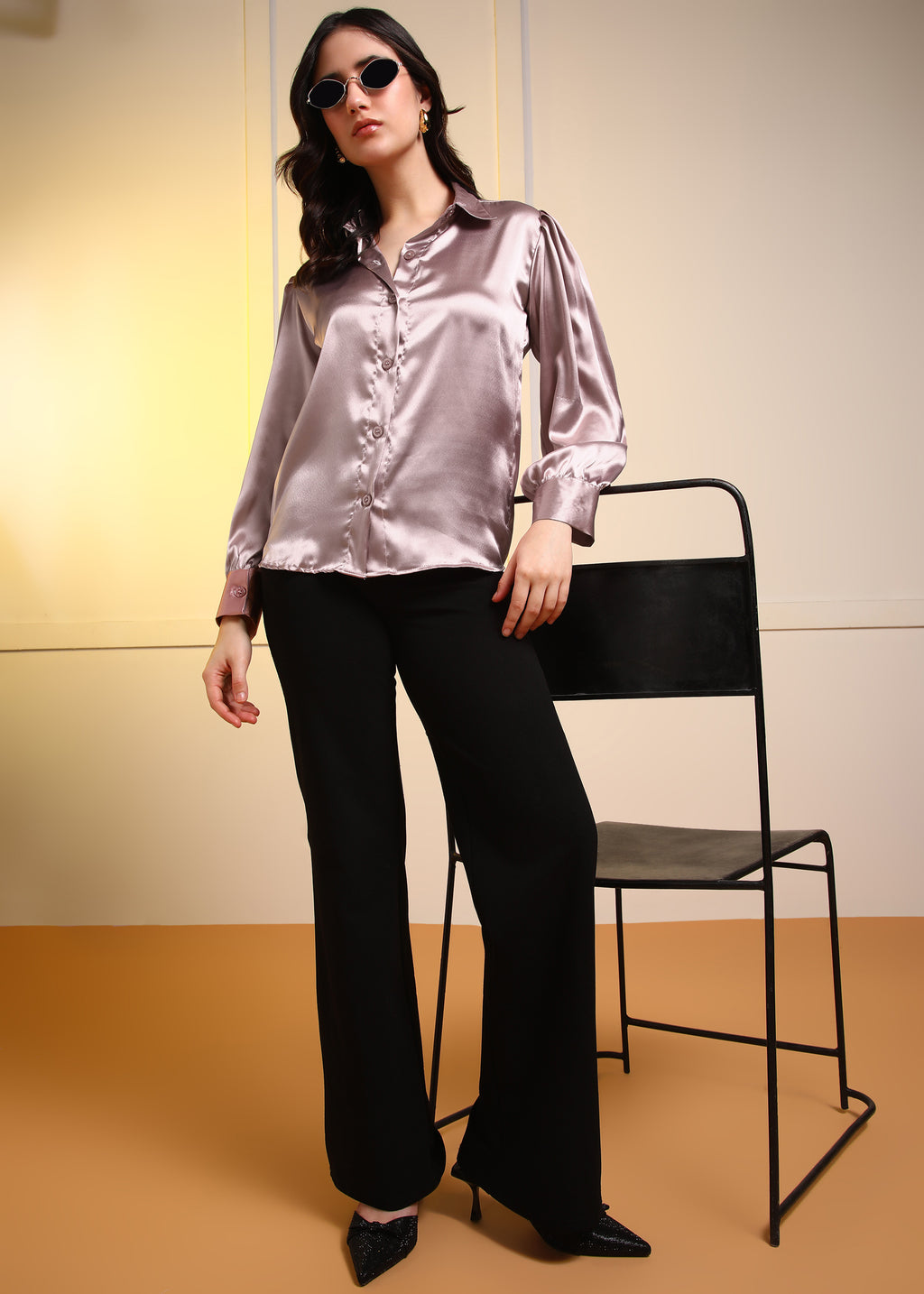 Women Rose Pink Satin Long Sleeve Button-Down Shirt Top