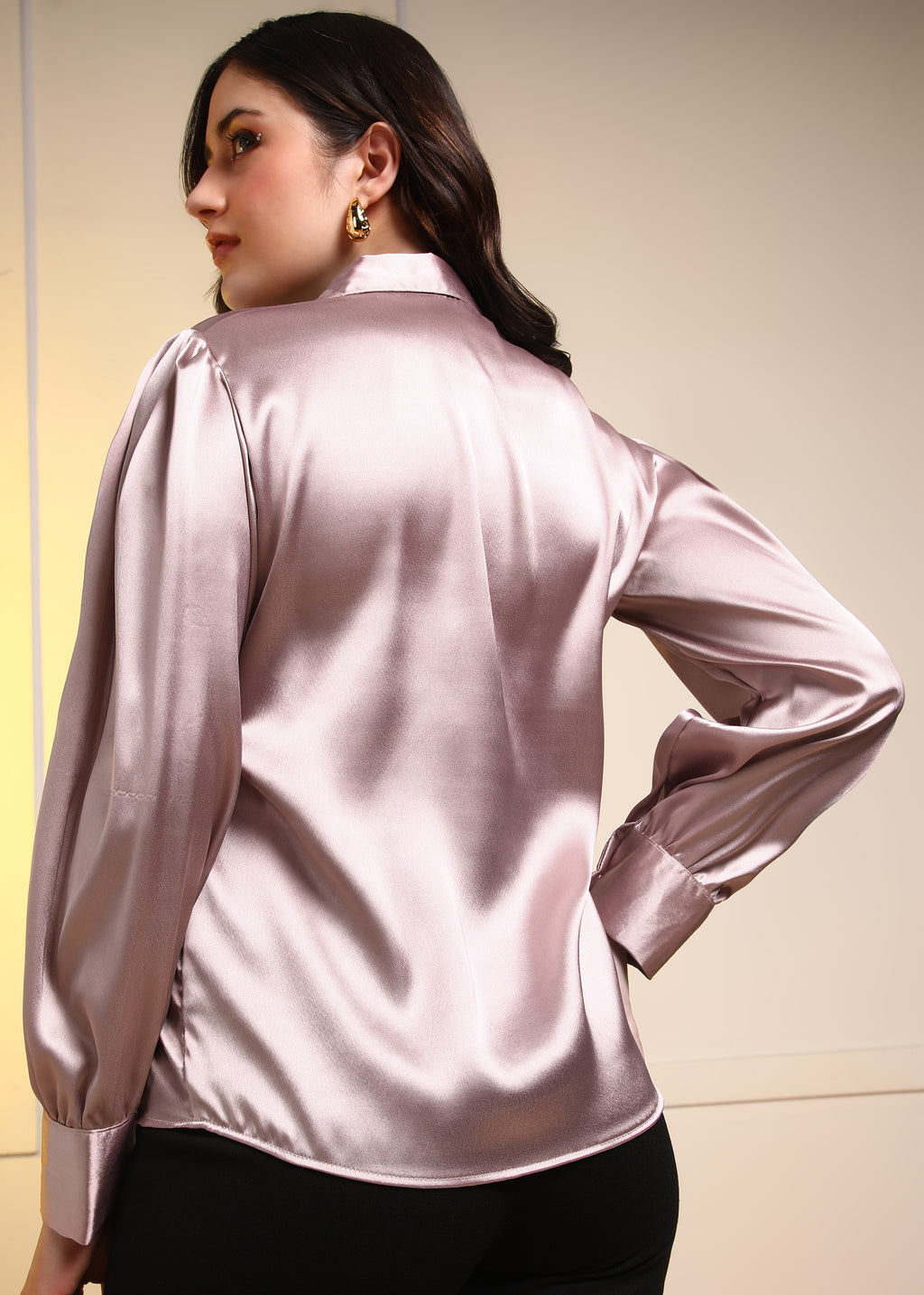 Women Rose Pink Satin Long Sleeve Button-Down Shirt Top