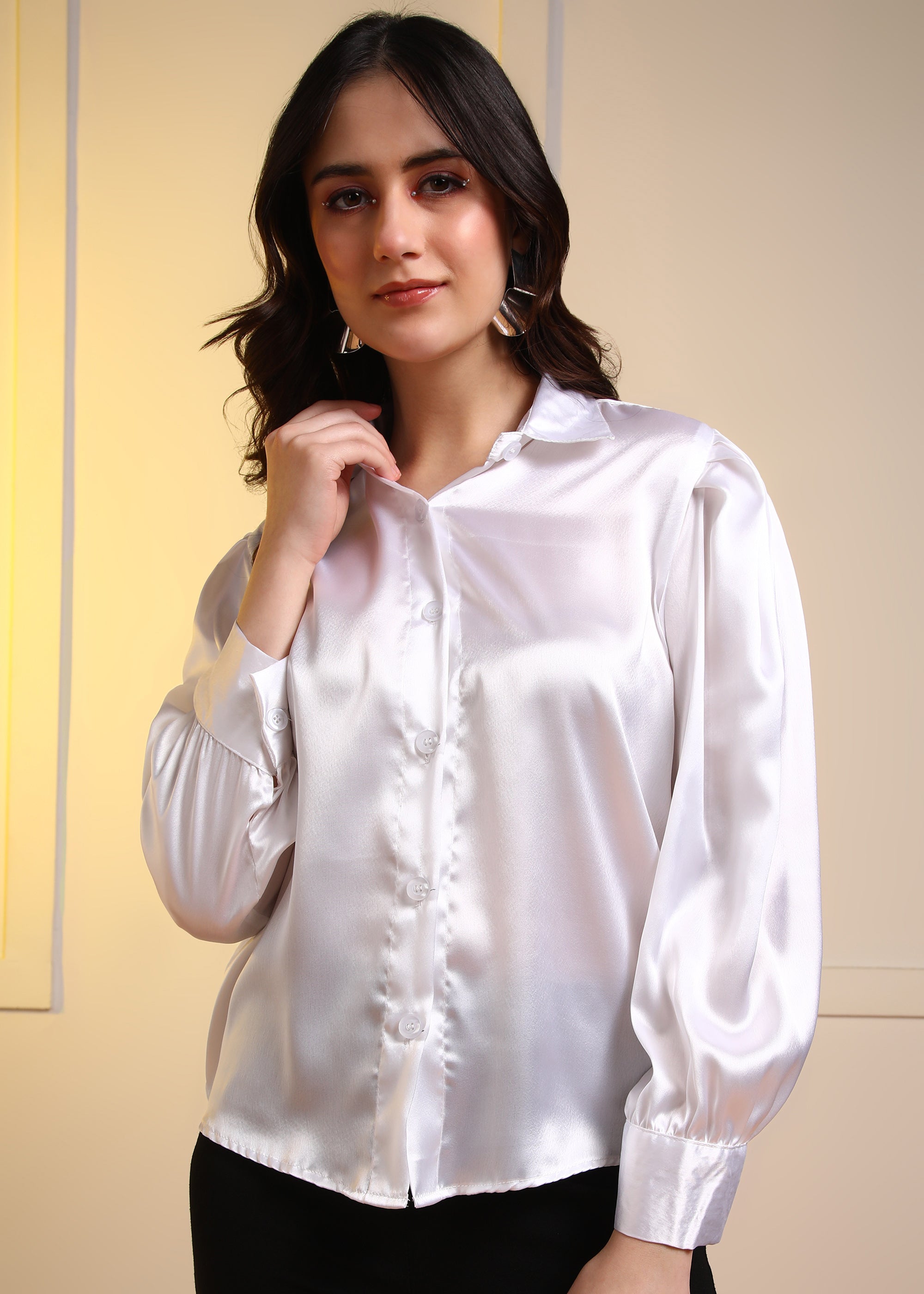 Women White Satin Long Sleeve Button-Down Shirt Top