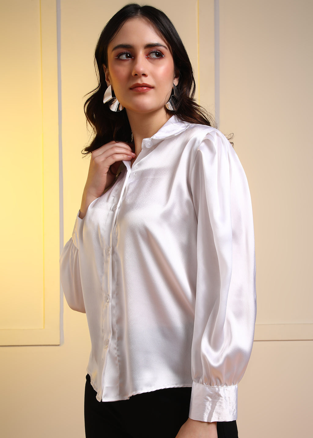 Women White Satin Long Sleeve Button-Down Shirt Top