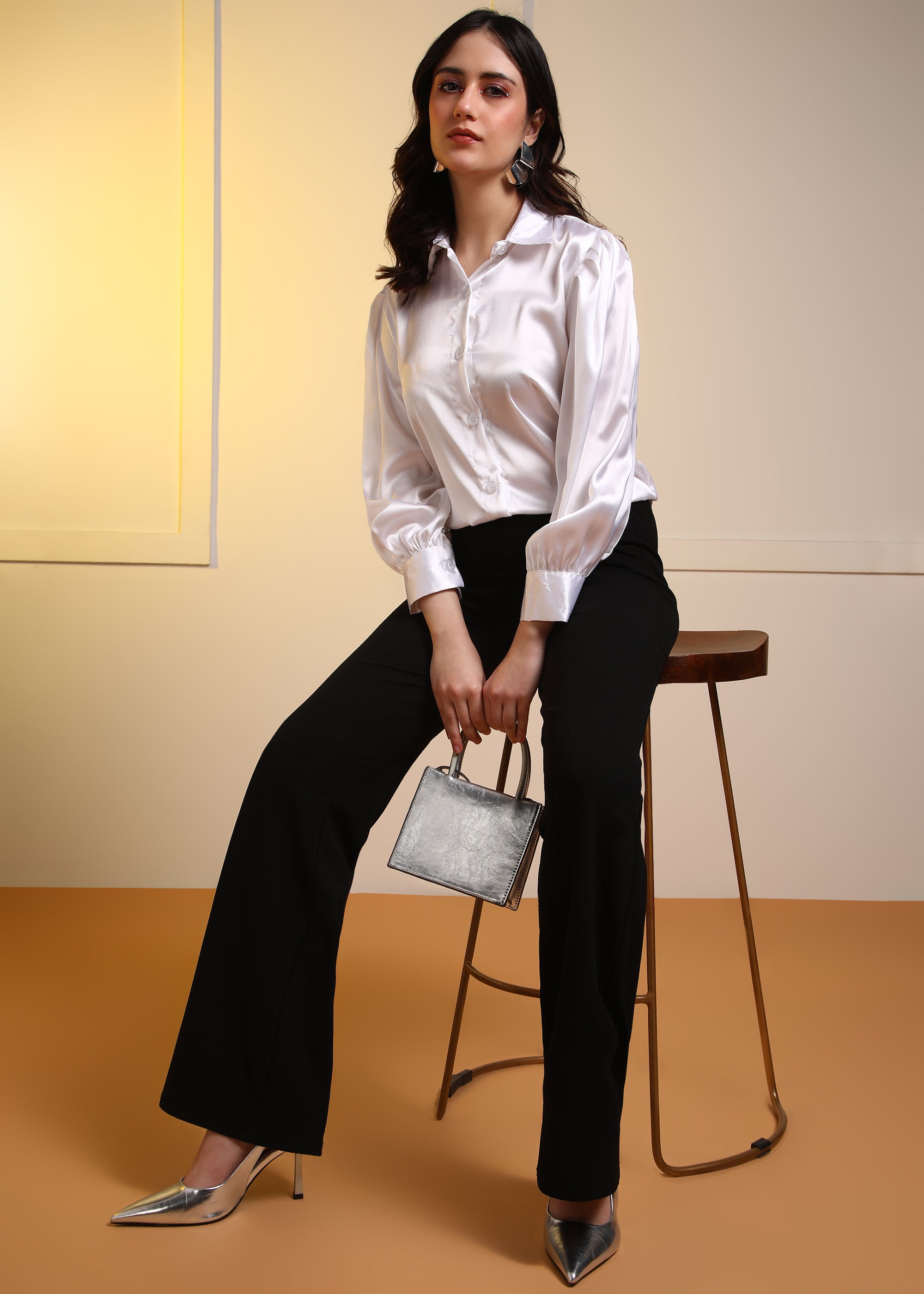 Women White Satin Long Sleeve Button-Down Shirt Top