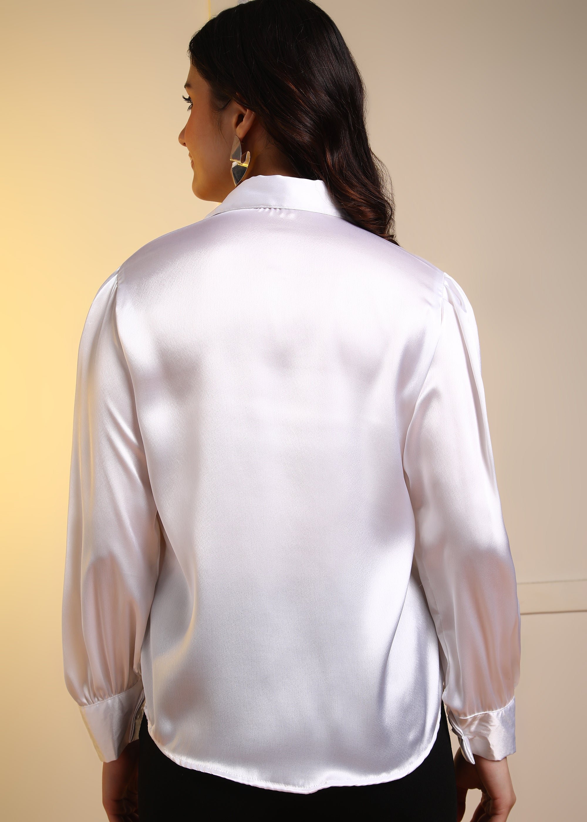 Women White Satin Long Sleeve Button-Down Shirt Top