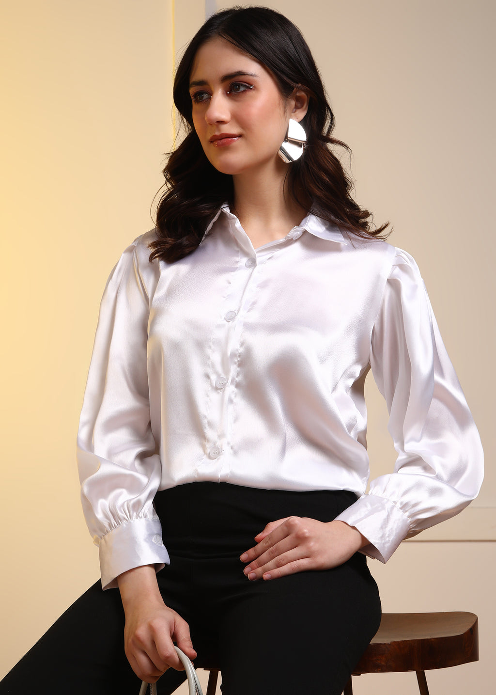 Women White Satin Long Sleeve Button-Down Shirt Top