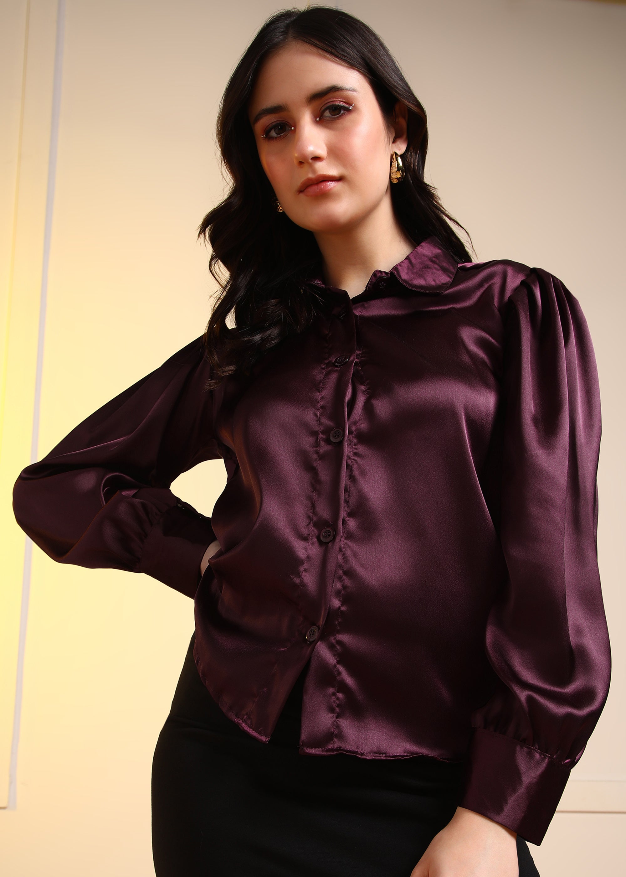 Women Wine Satin Long Sleeve Button-Down Shirt Top