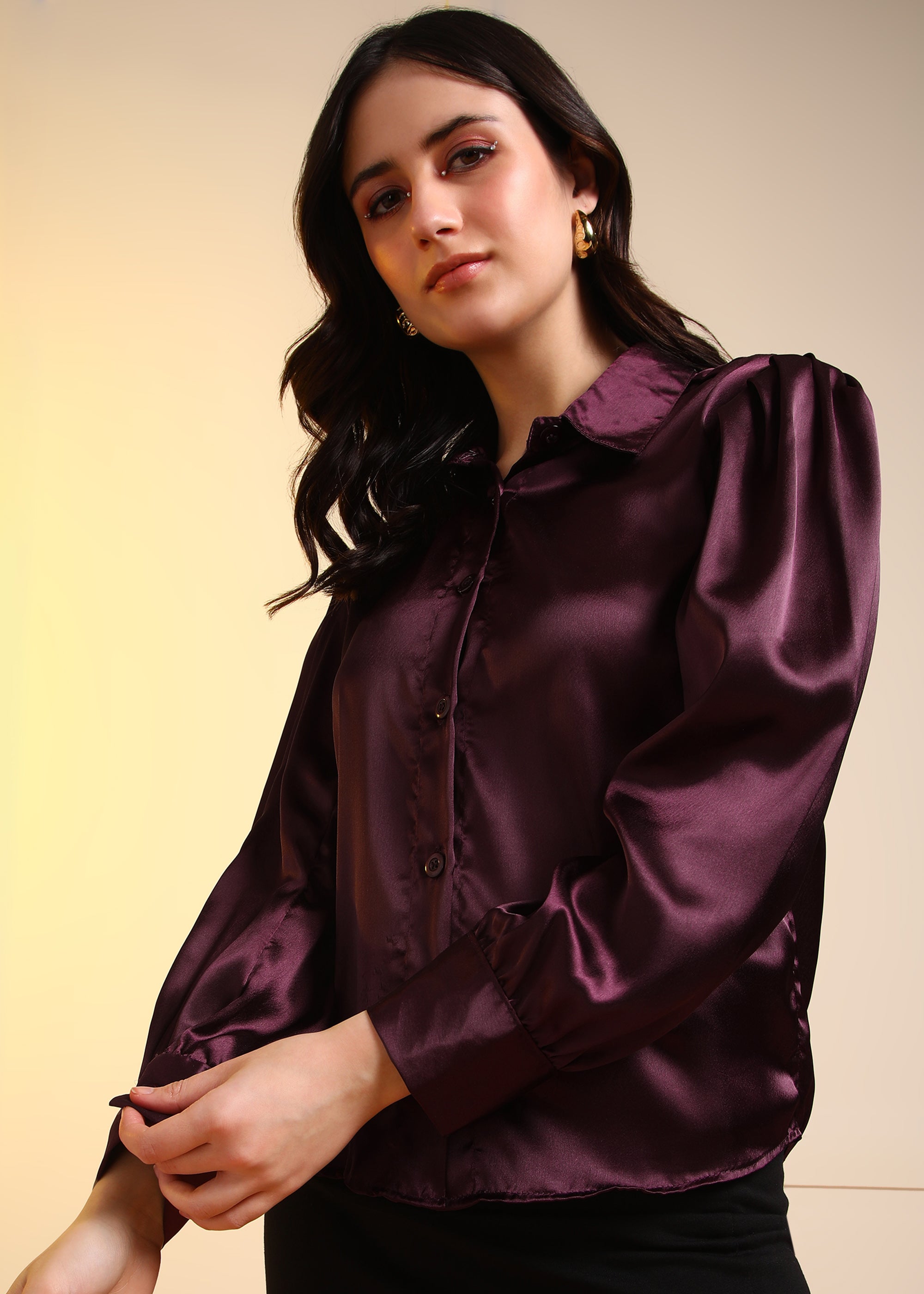 Women Wine Satin Long Sleeve Button-Down Shirt Top