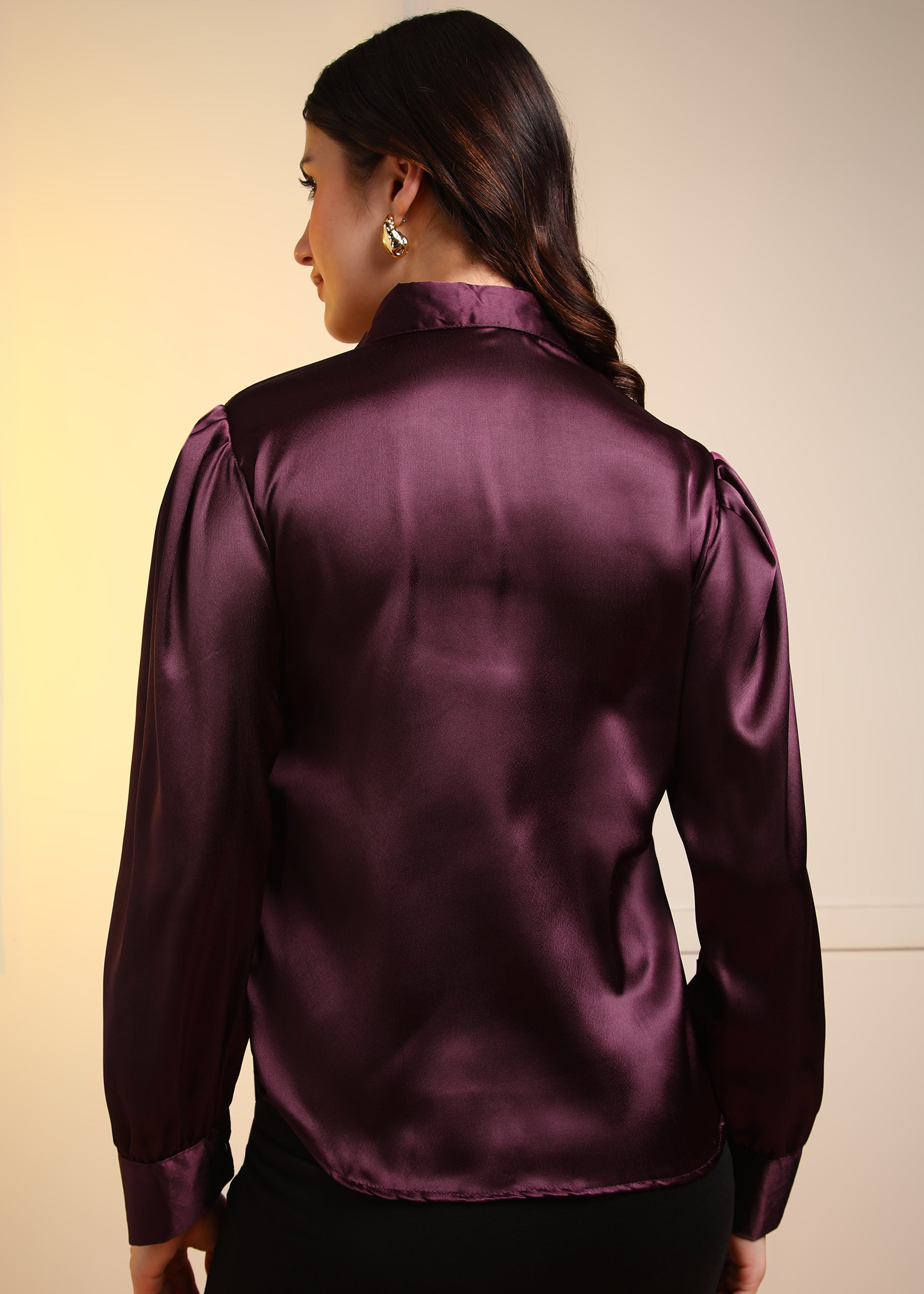 Women Wine Satin Long Sleeve Button-Down Shirt Top