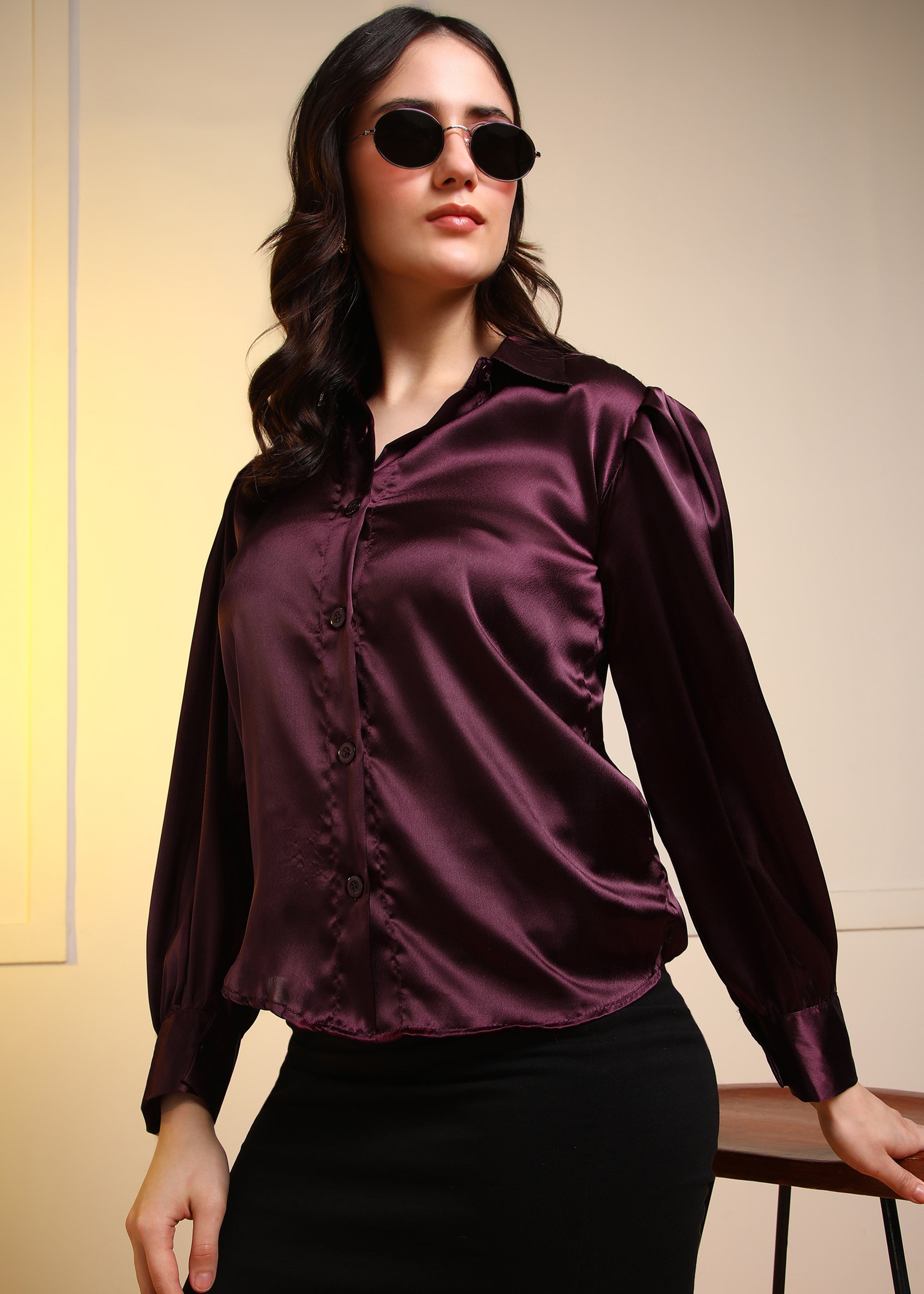 Women Wine Satin Long Sleeve Button-Down Shirt Top
