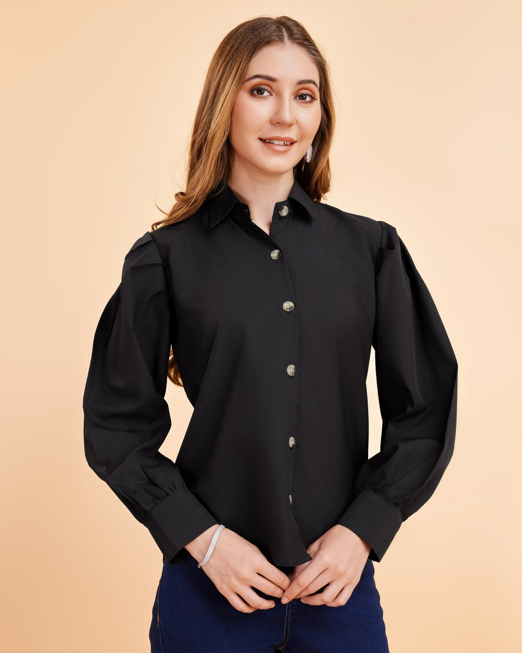 Women Black Collared Puff Sleeve Solid Shirt