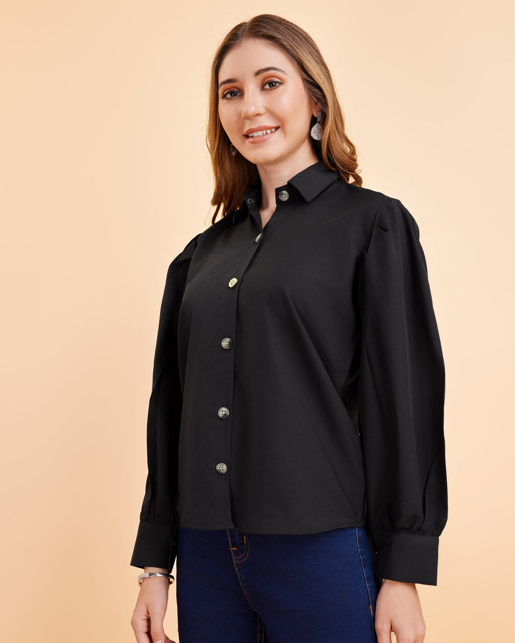 Women Black Collared Puff Sleeve Solid Shirt