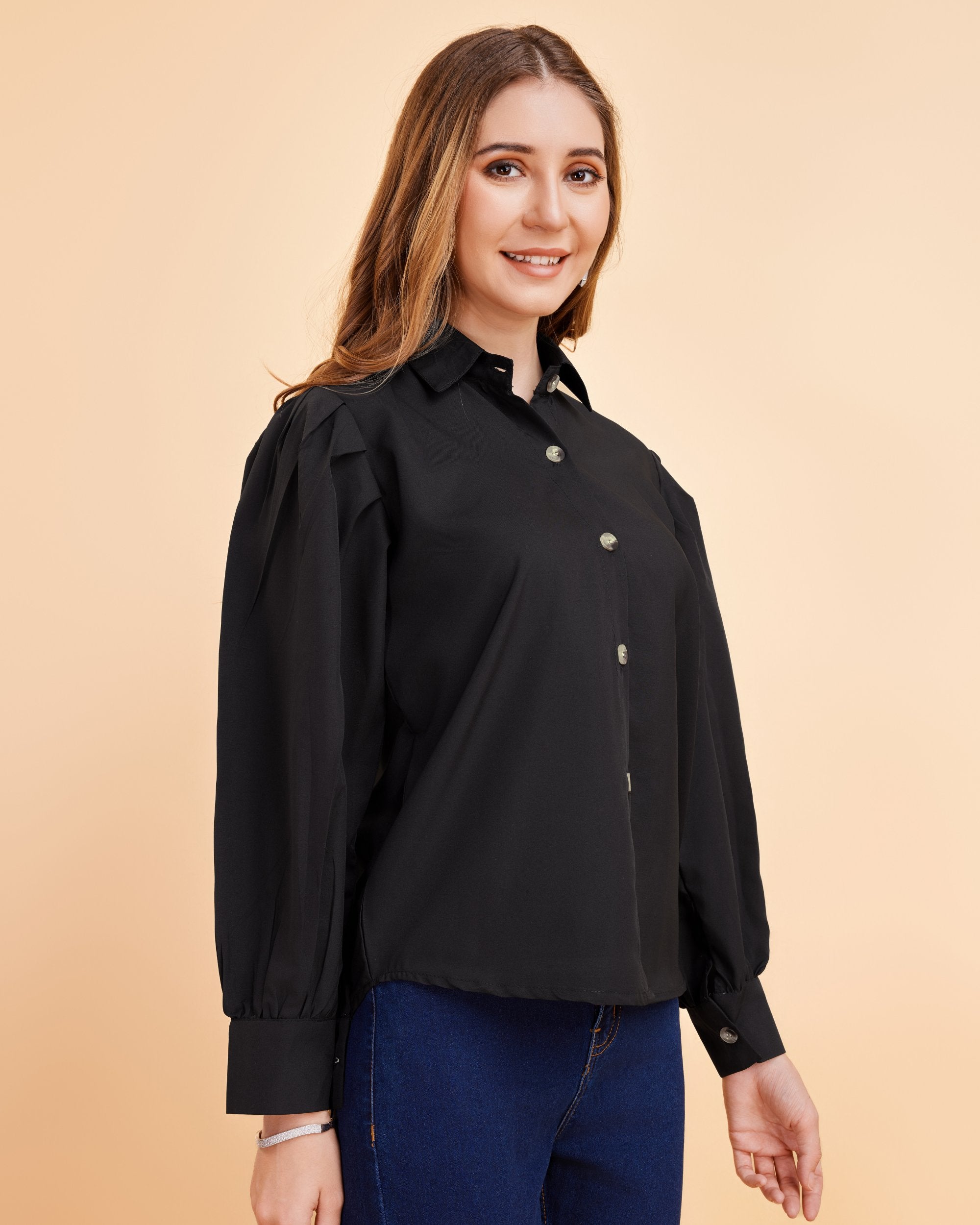 Women Black Collared Puff Sleeve Solid Shirt