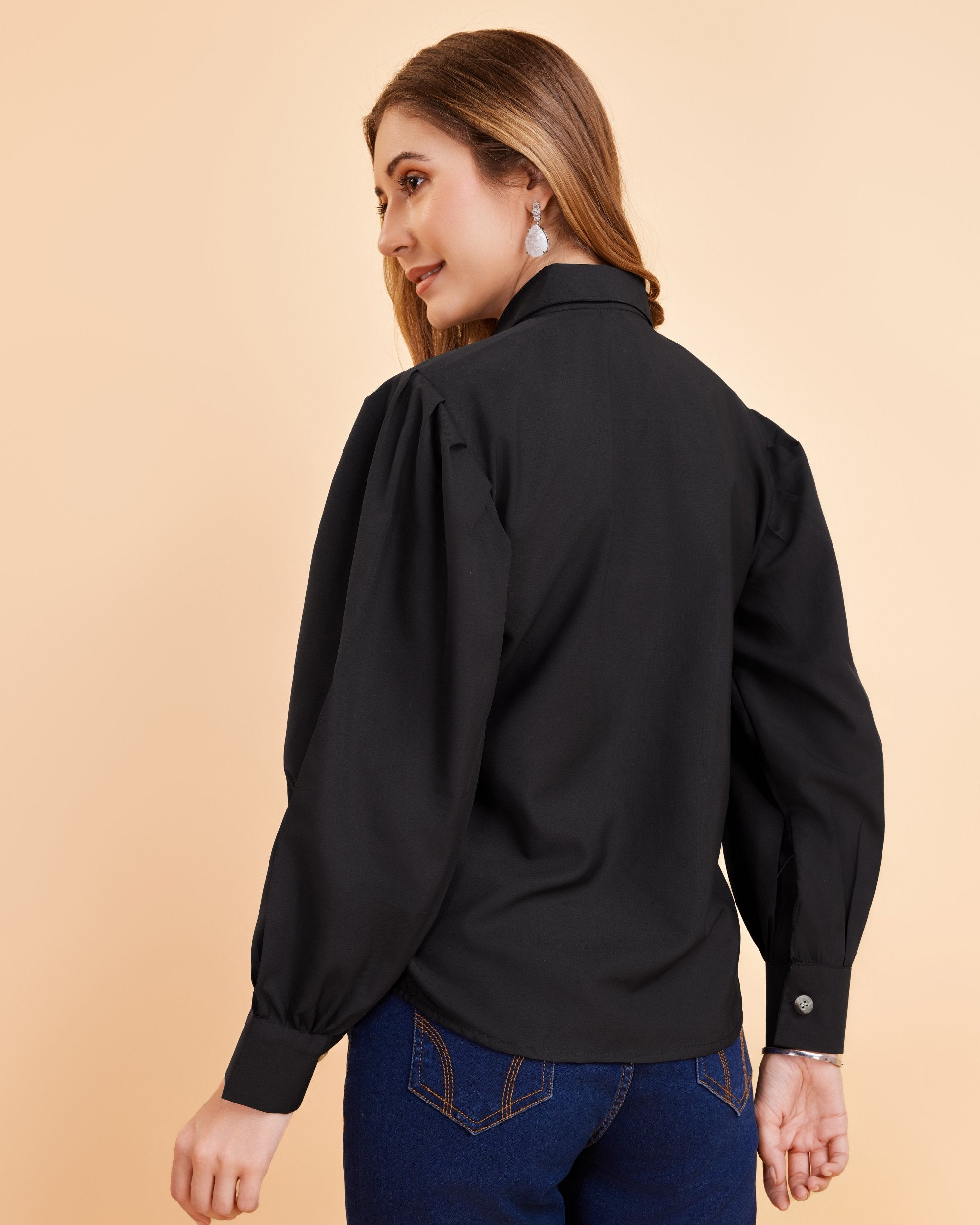 Women Black Collared Puff Sleeve Solid Shirt