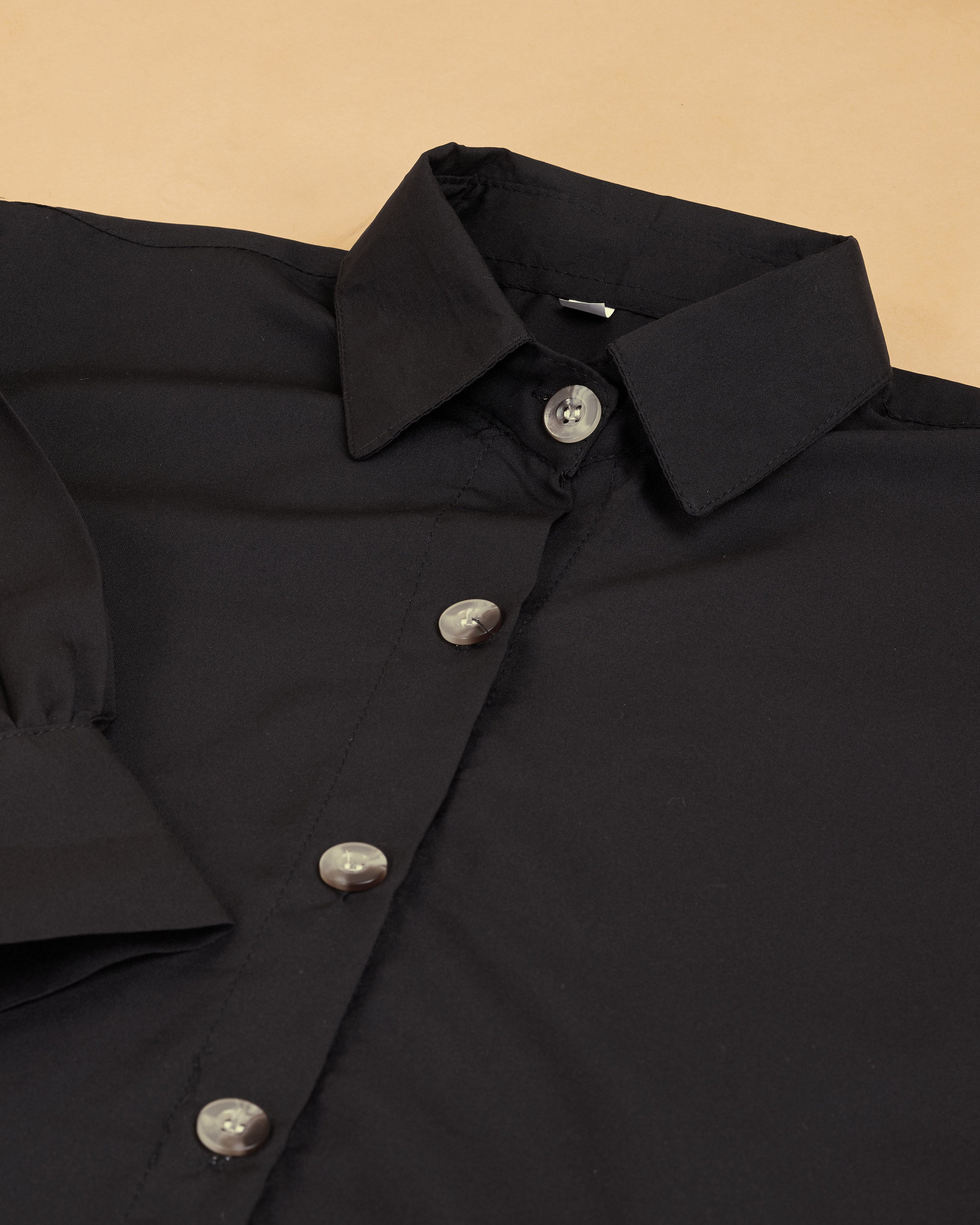 Women Black Collared Puff Sleeve Solid Shirt