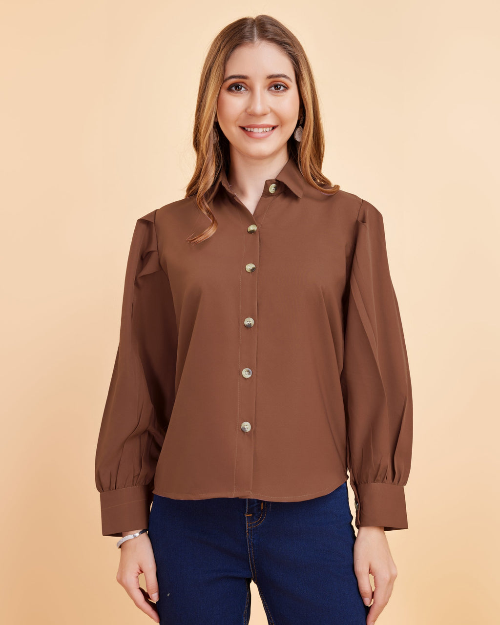 Women Brown Collared Puff Sleeve Solid Shirt