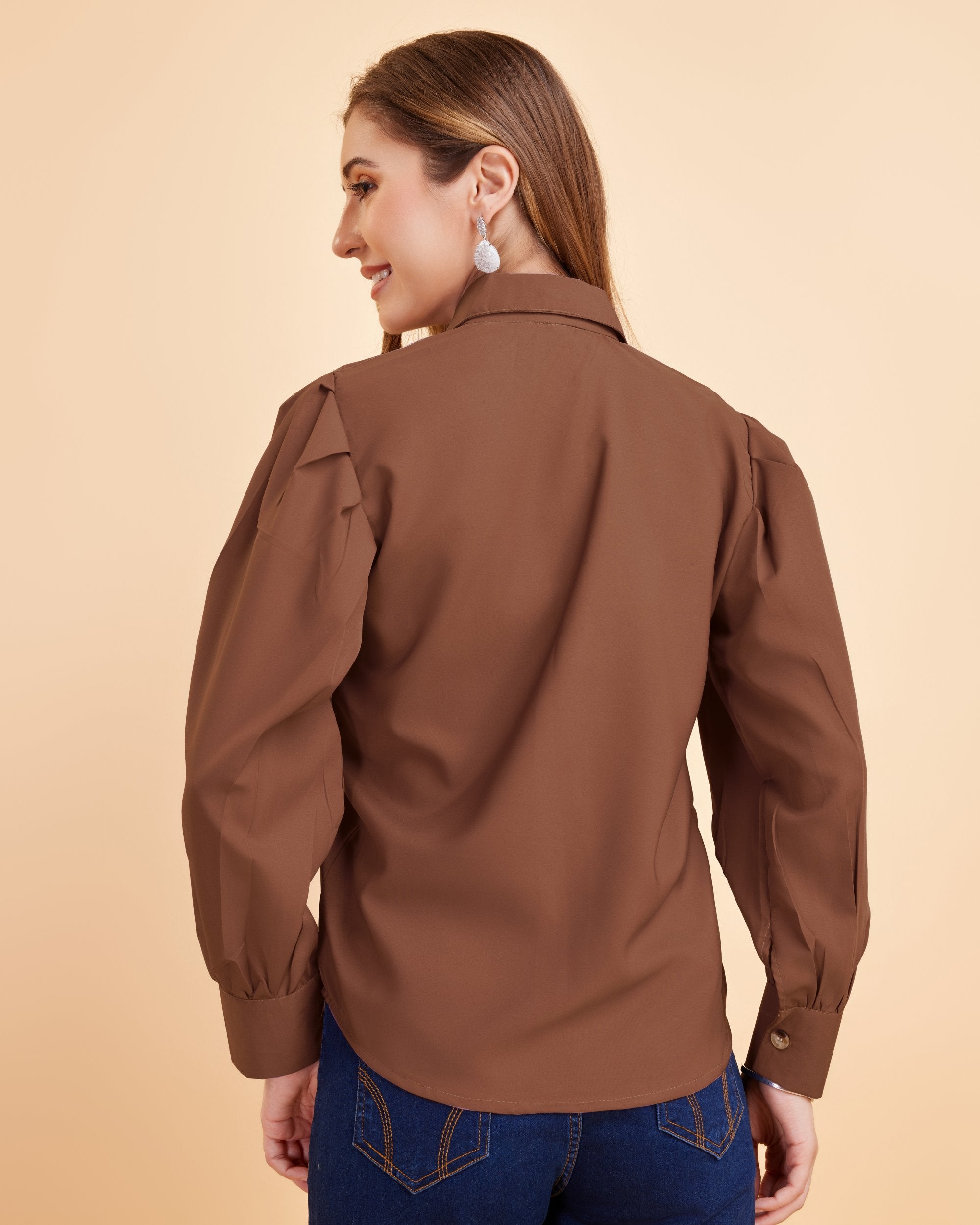 Women Brown Collared Puff Sleeve Solid Shirt