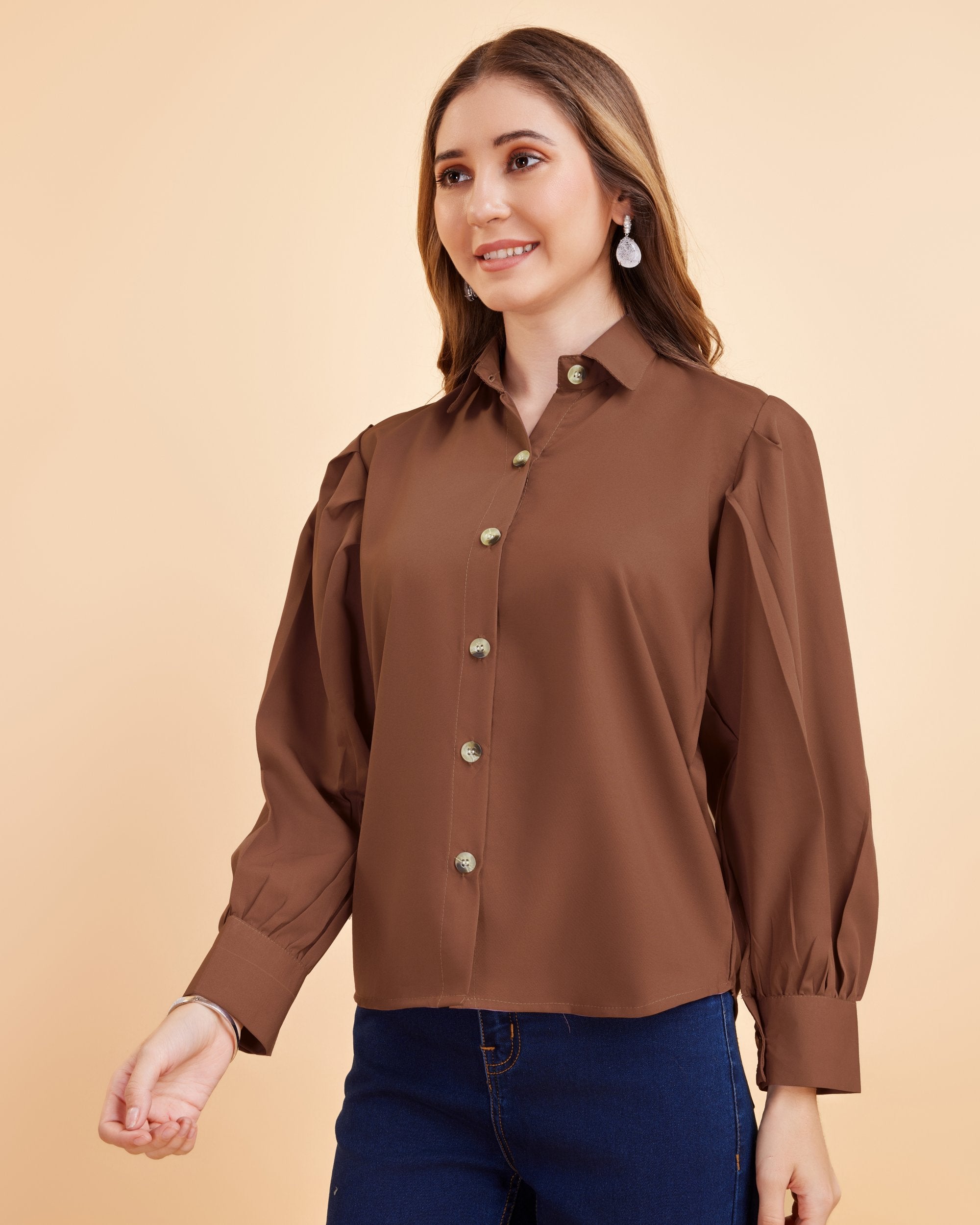 Women Brown Collared Puff Sleeve Solid Shirt