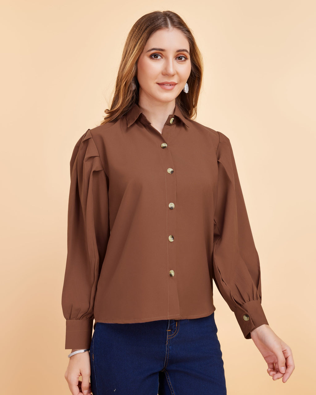 Women Brown Collared Puff Sleeve Solid Shirt