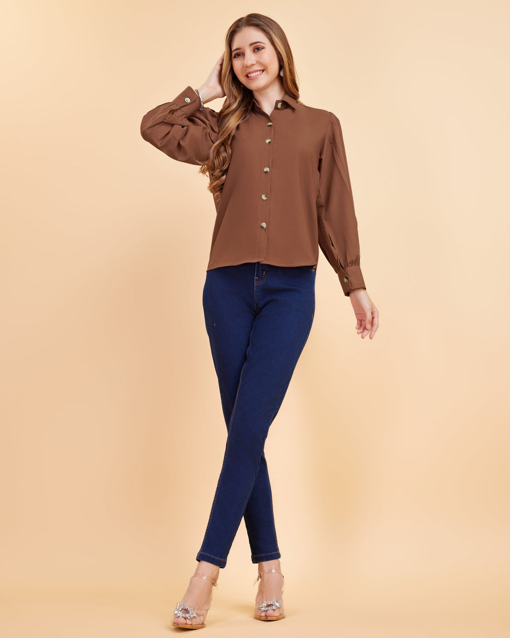 Women Brown Collared Puff Sleeve Solid Shirt