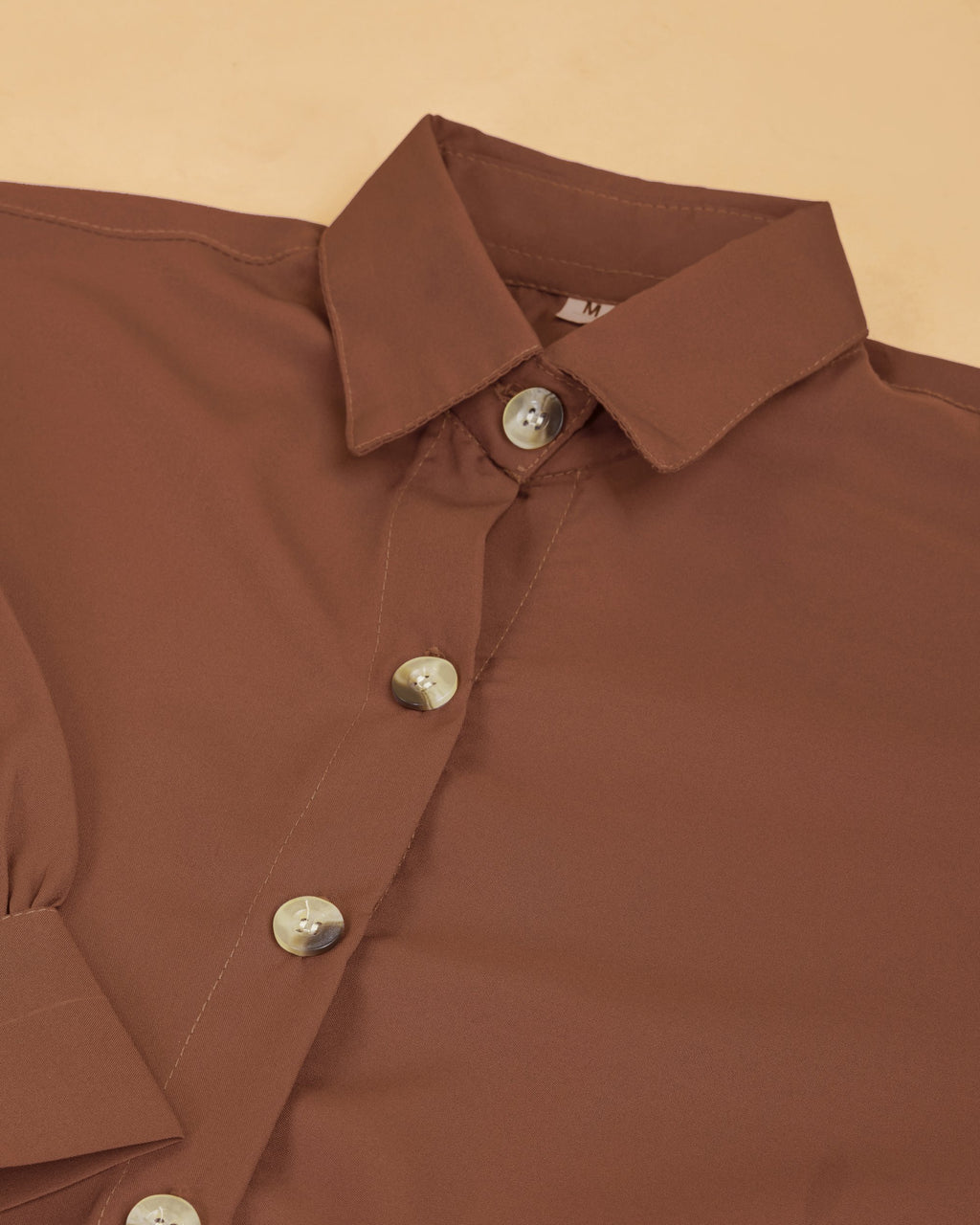 Women Brown Collared Puff Sleeve Solid Shirt