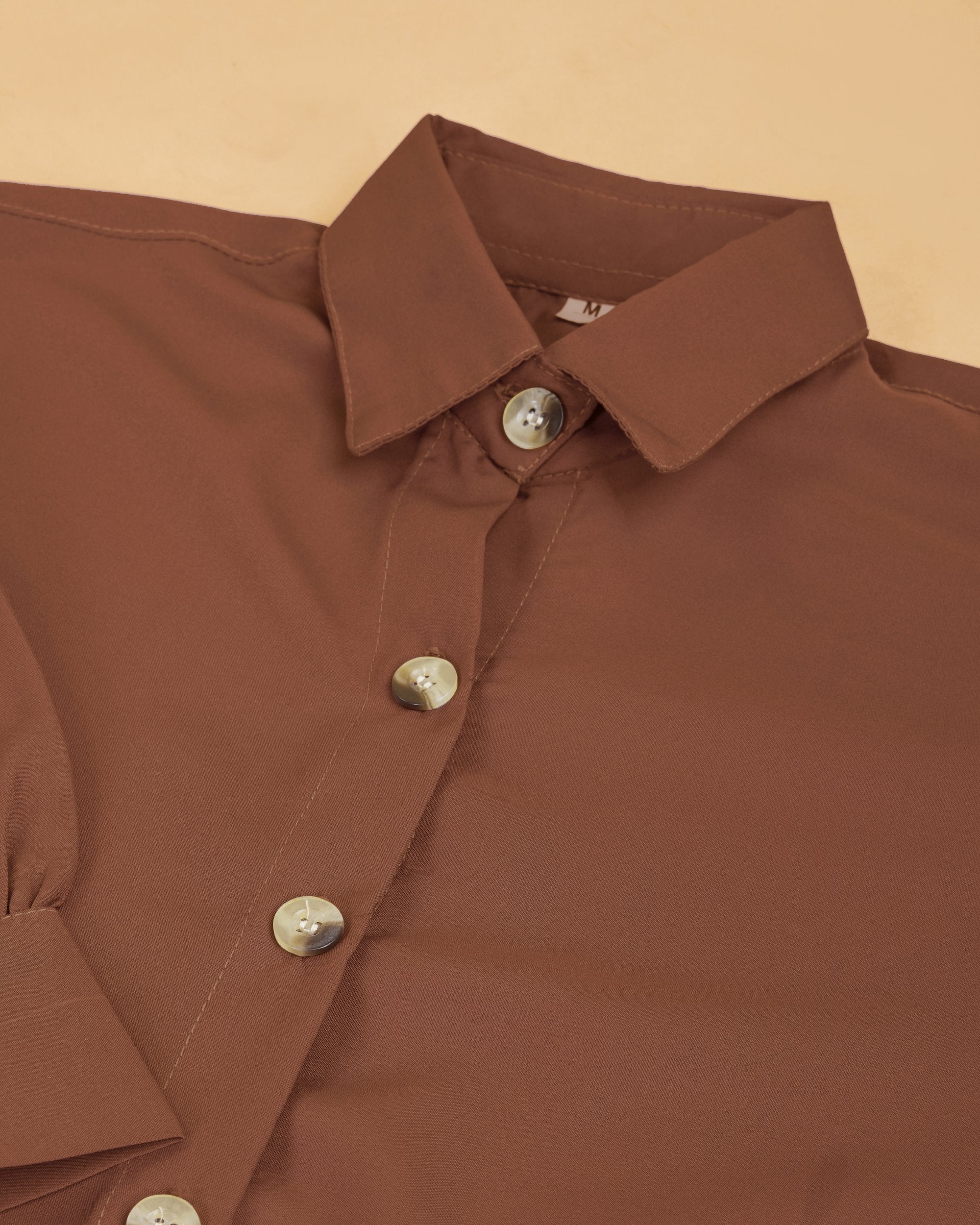 Women Brown Collared Puff Sleeve Solid Shirt