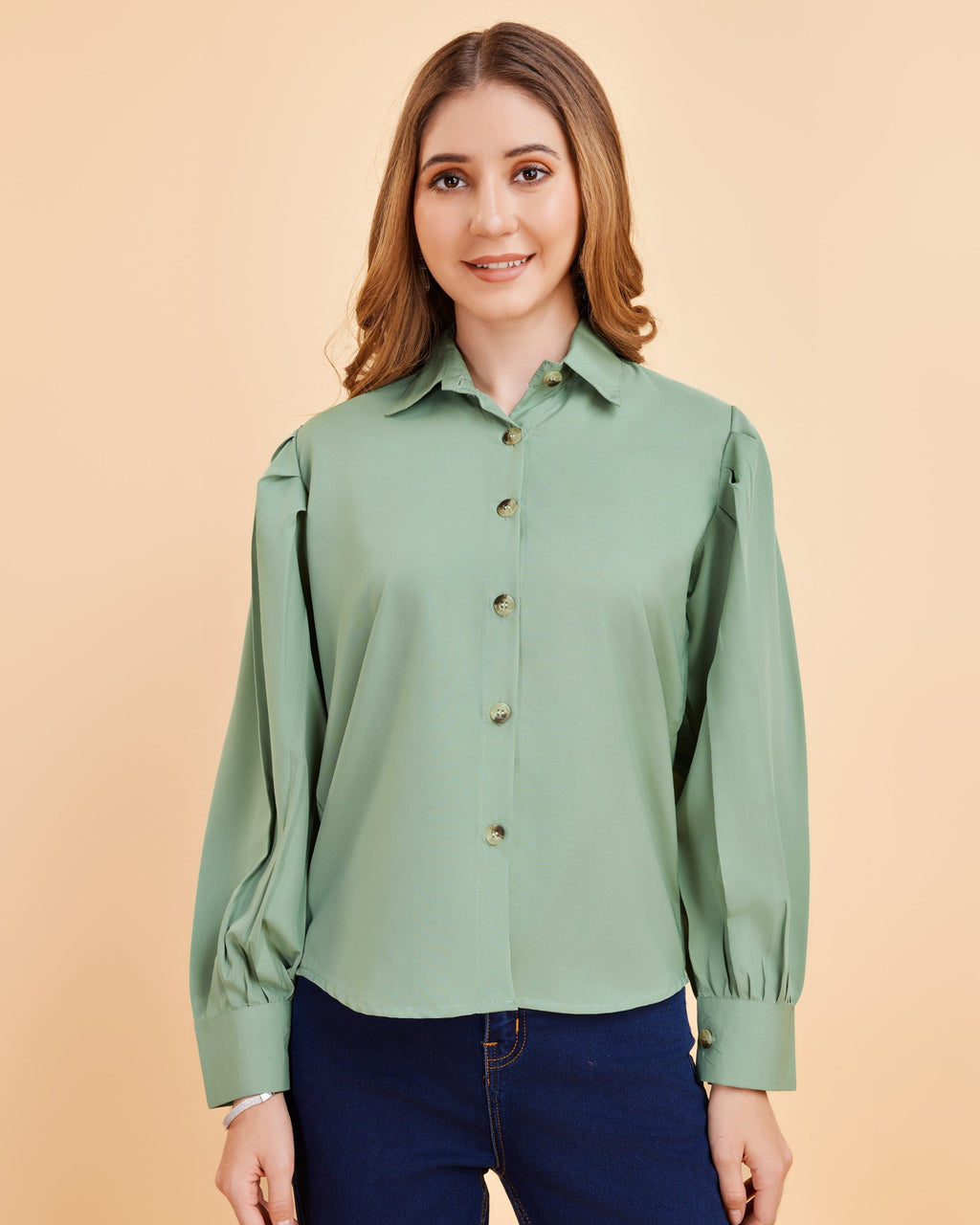 Women Peach Collared Puff Sleeve Solid Shirt