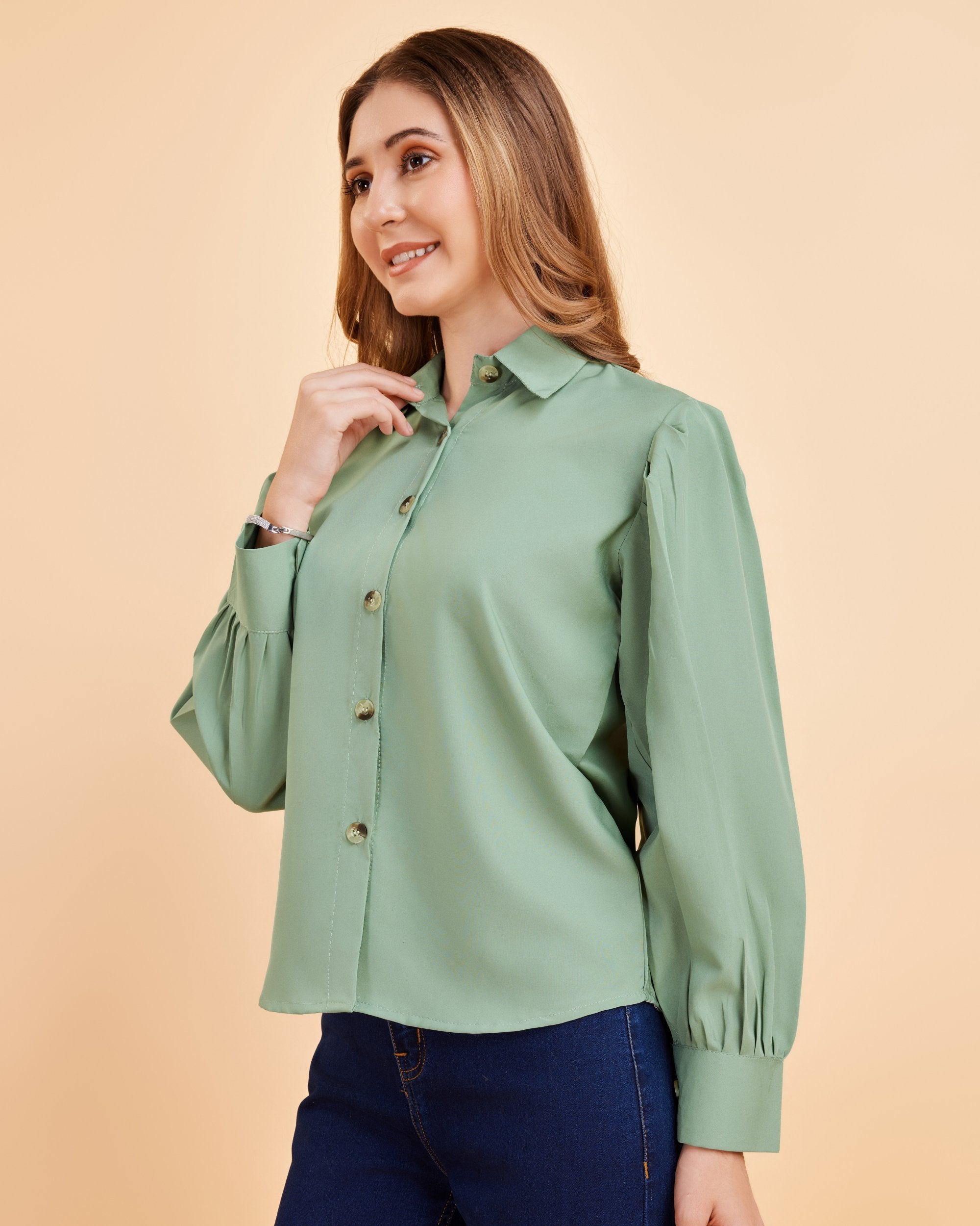 Women Peach Collared Puff Sleeve Solid Shirt