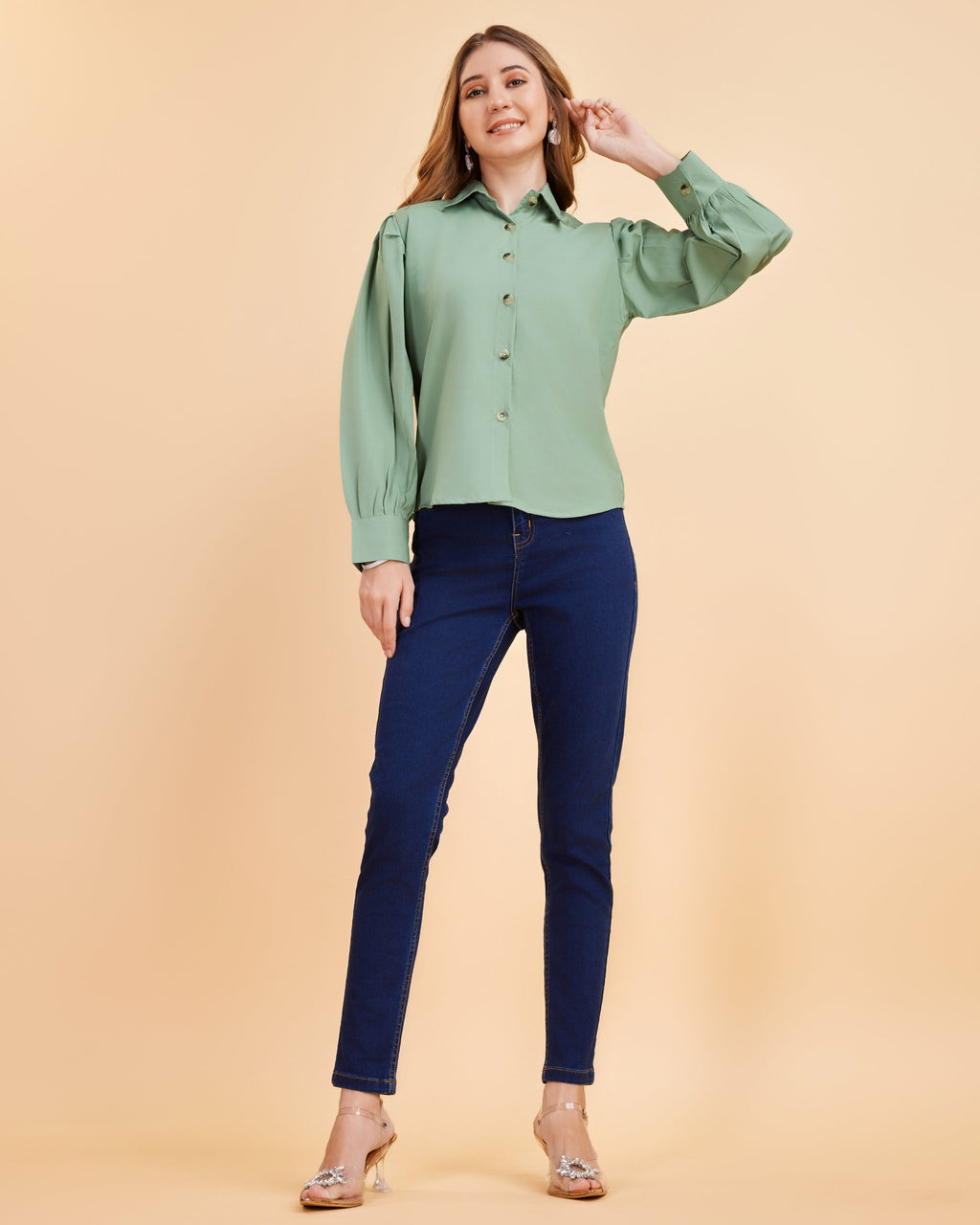 Women Peach Collared Puff Sleeve Solid Shirt