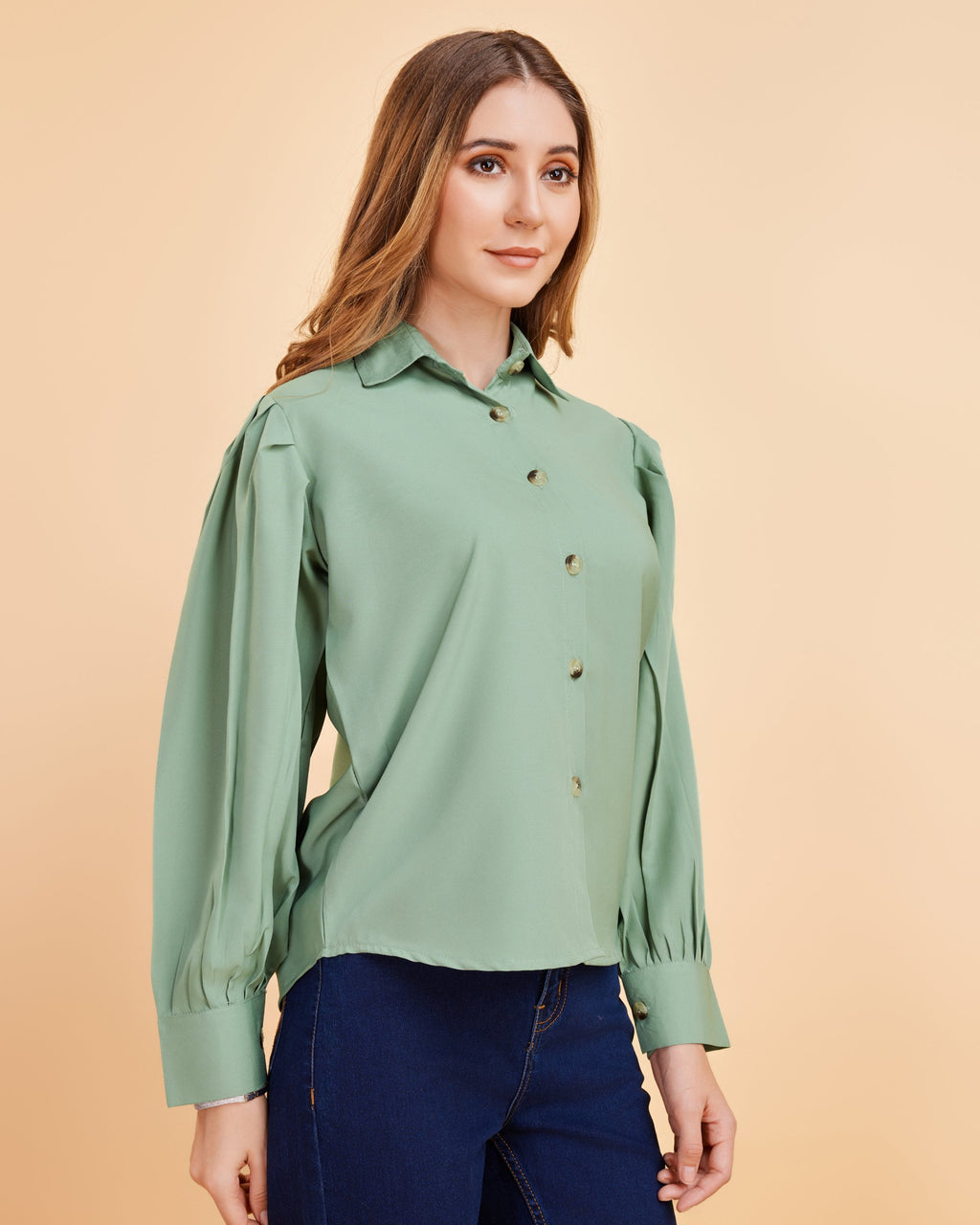 Women Pastel Green Collared Puff Sleeve Solid Shirt