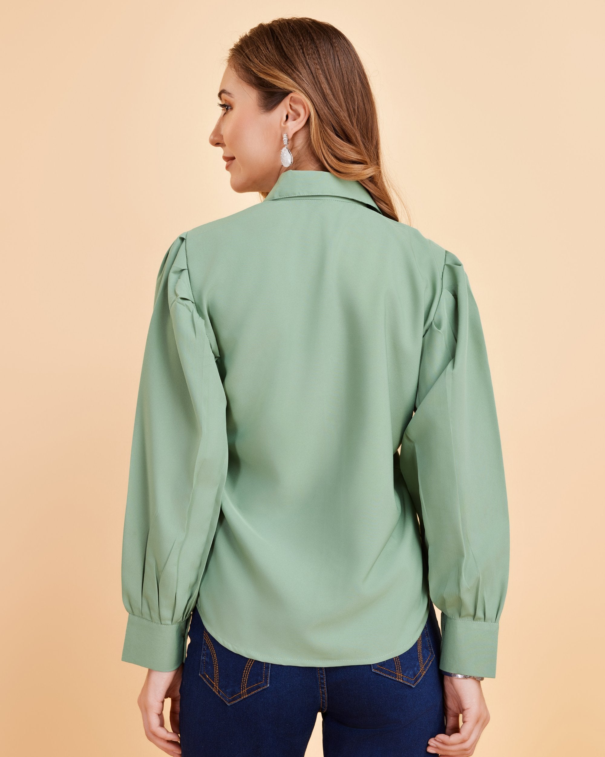 Women Peach Collared Puff Sleeve Solid Shirt