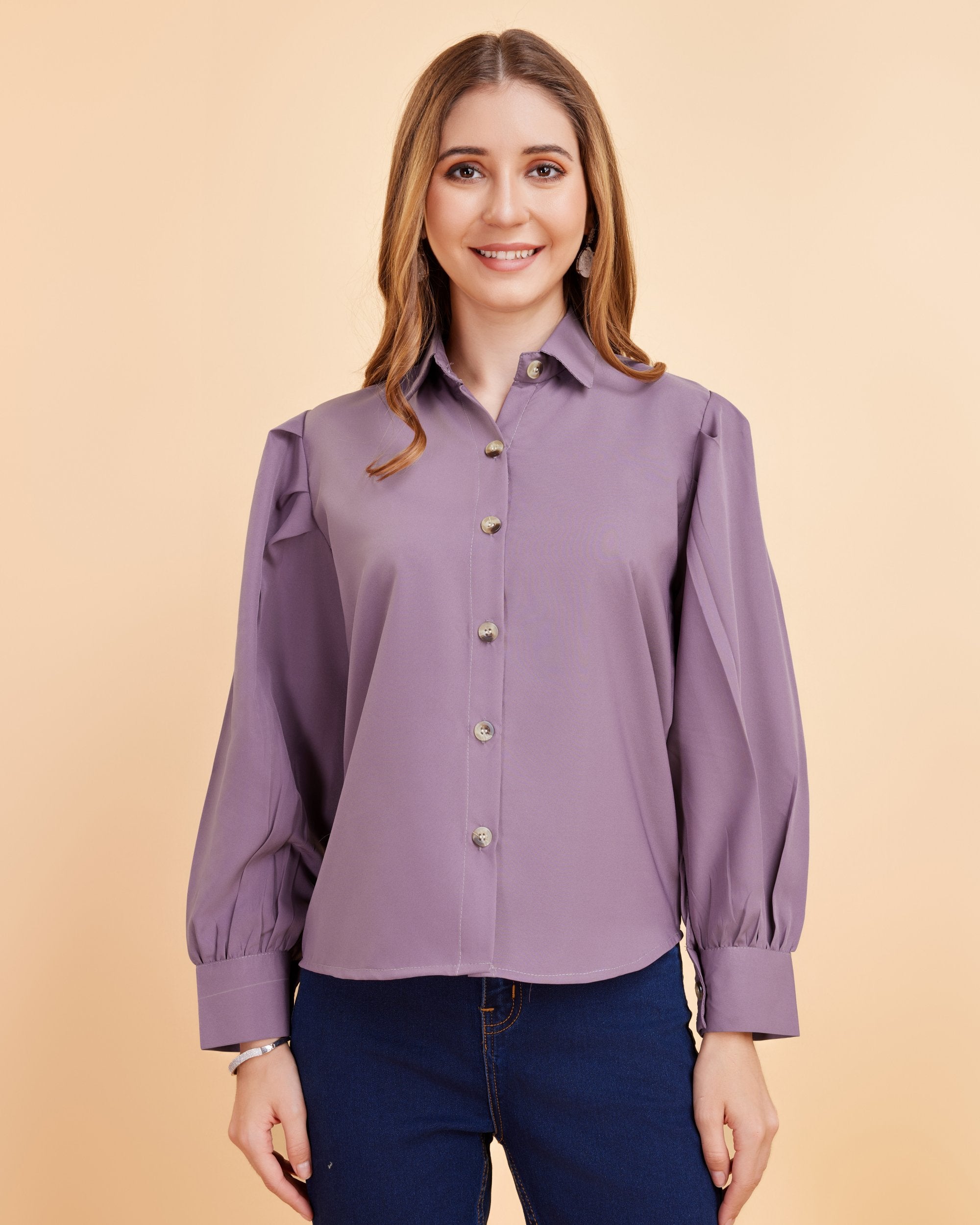 Women Purple Collared Puff Sleeve Solid Shirt