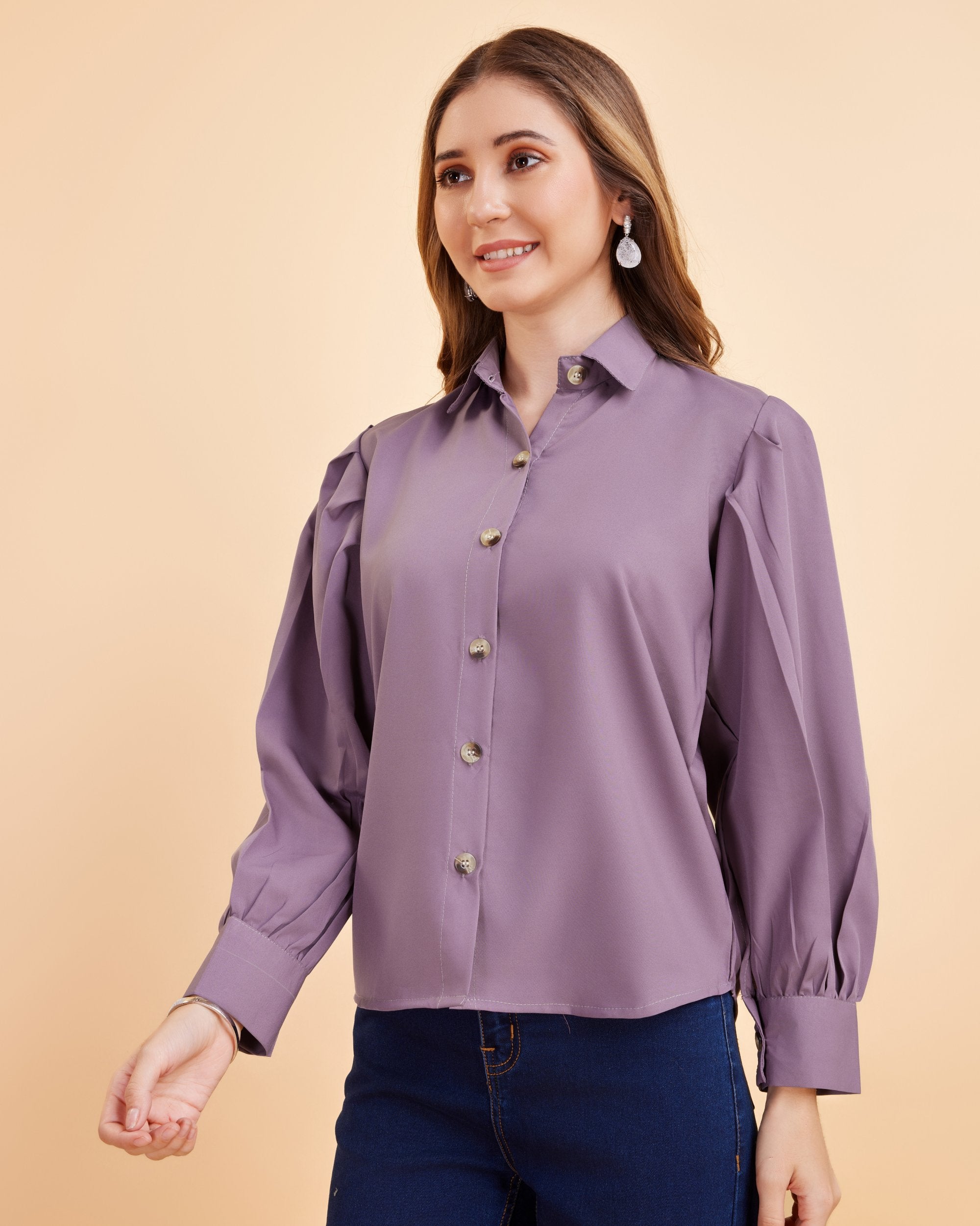 Women Purple Collared Puff Sleeve Solid Shirt