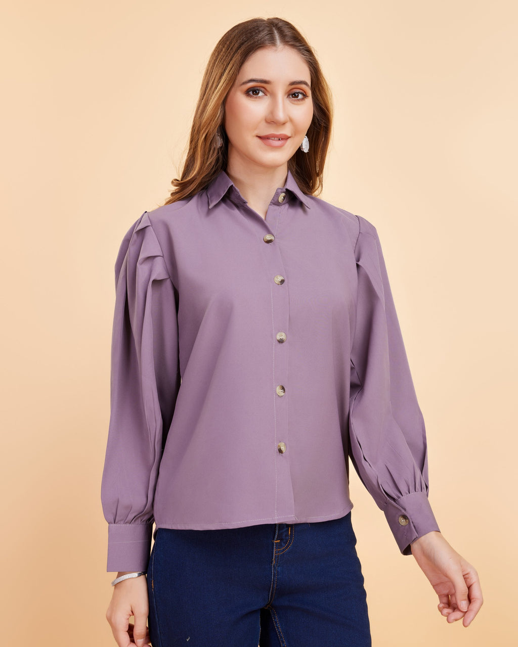 Women Purple Collared Puff Sleeve Solid Shirt